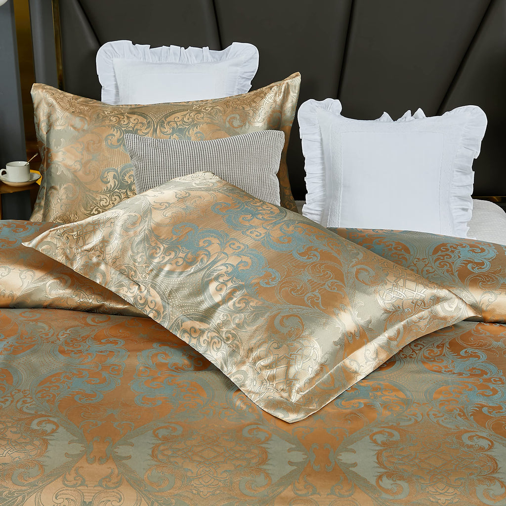 HMtideby Gold Jacquard Duvet Cover Set | Double Microfiber Bedding