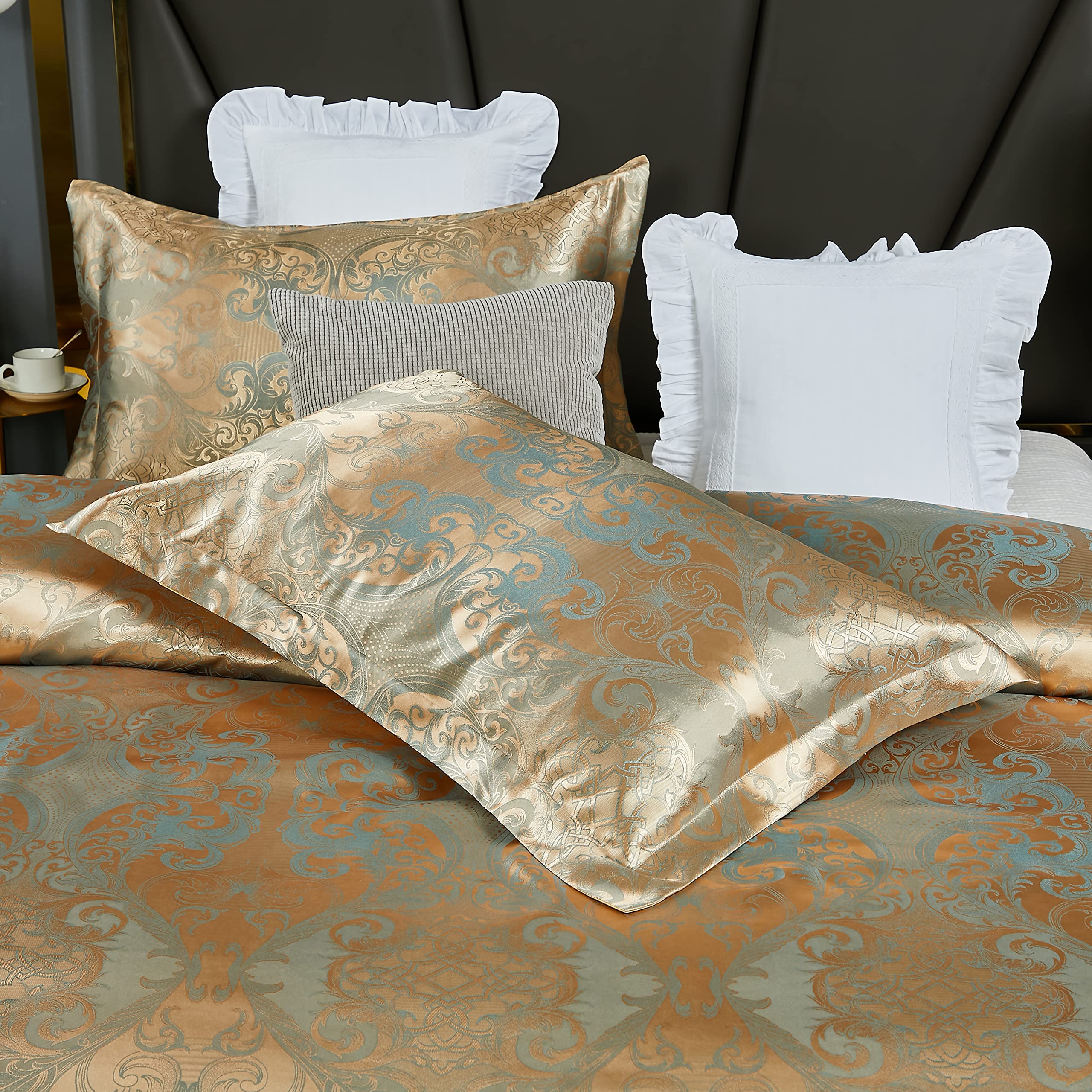 HMtideby Gold Jacquard Duvet Cover Set | Double Microfiber Bedding