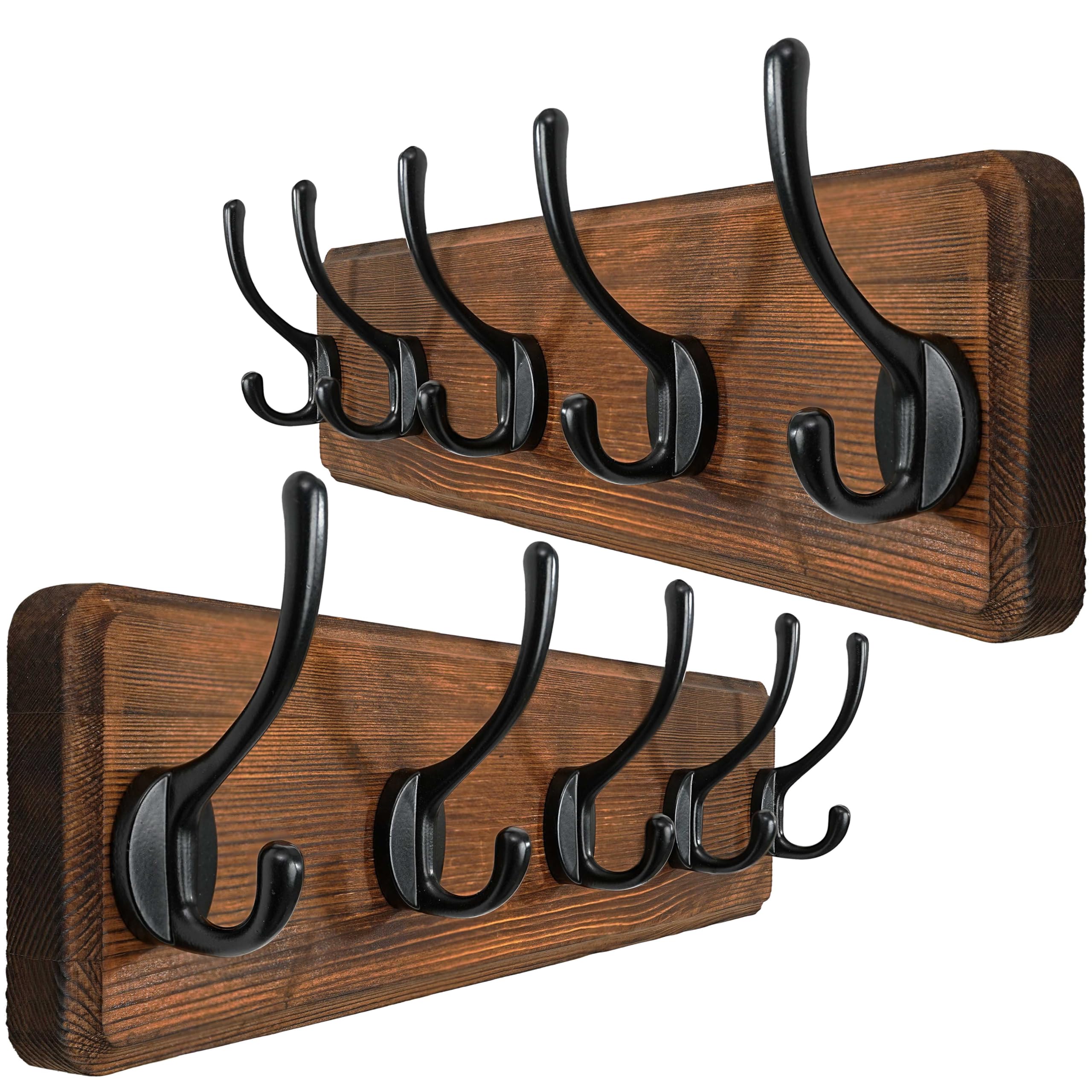 WEBI Rustic Solid Wood Wall Mounted Coat Rack with 5 Hooks - 2 Pack