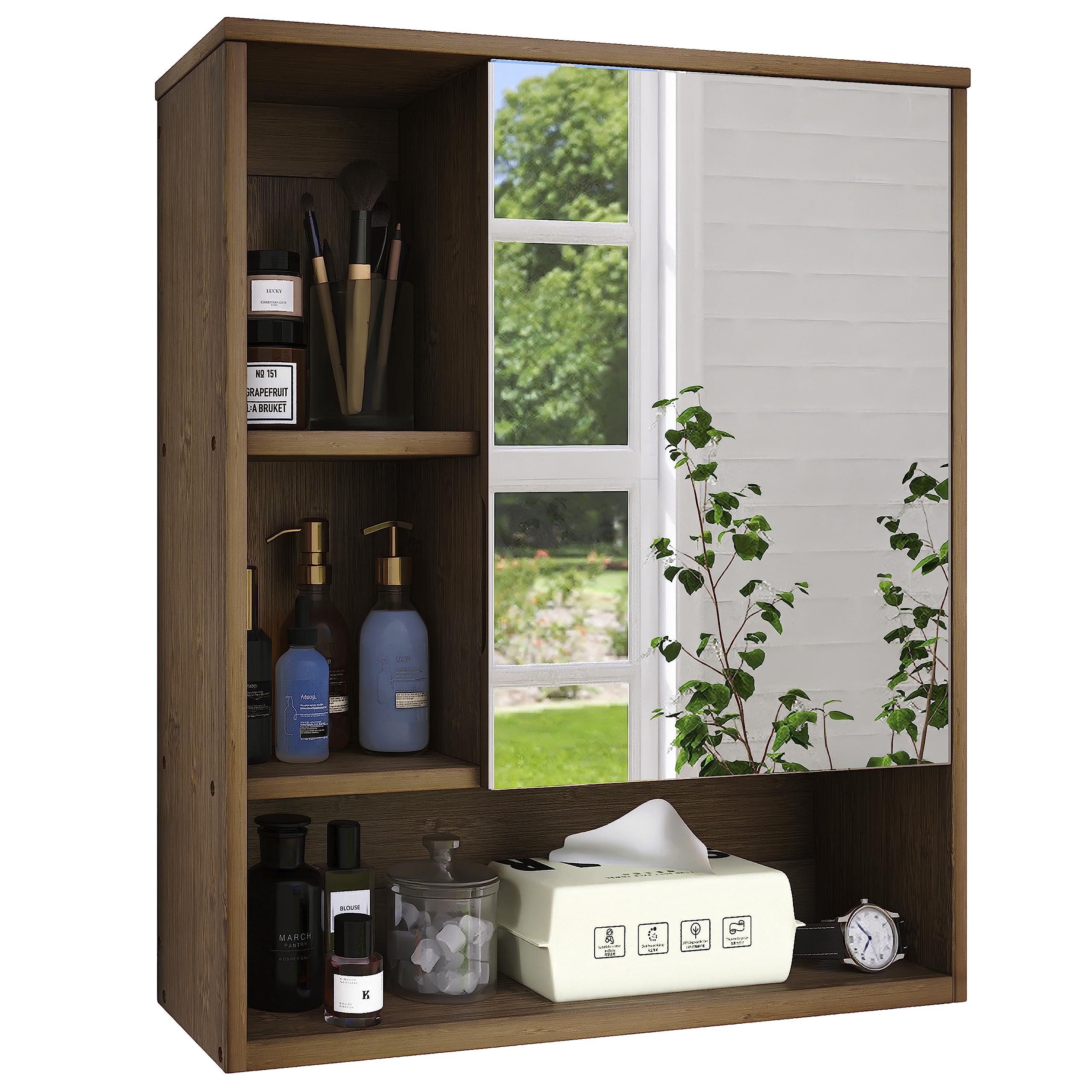 SMIBUY Bamboo Bathroom Mirror Cabinet | Wall Mounted Medicine Storage