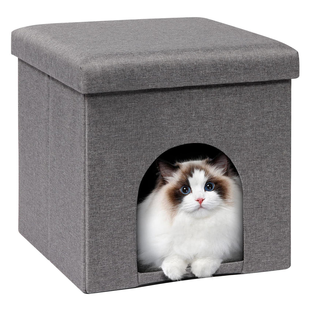 Bonlife Cat House Ottoman | Folding Linen Pet Cave Bed with Washable Pad
