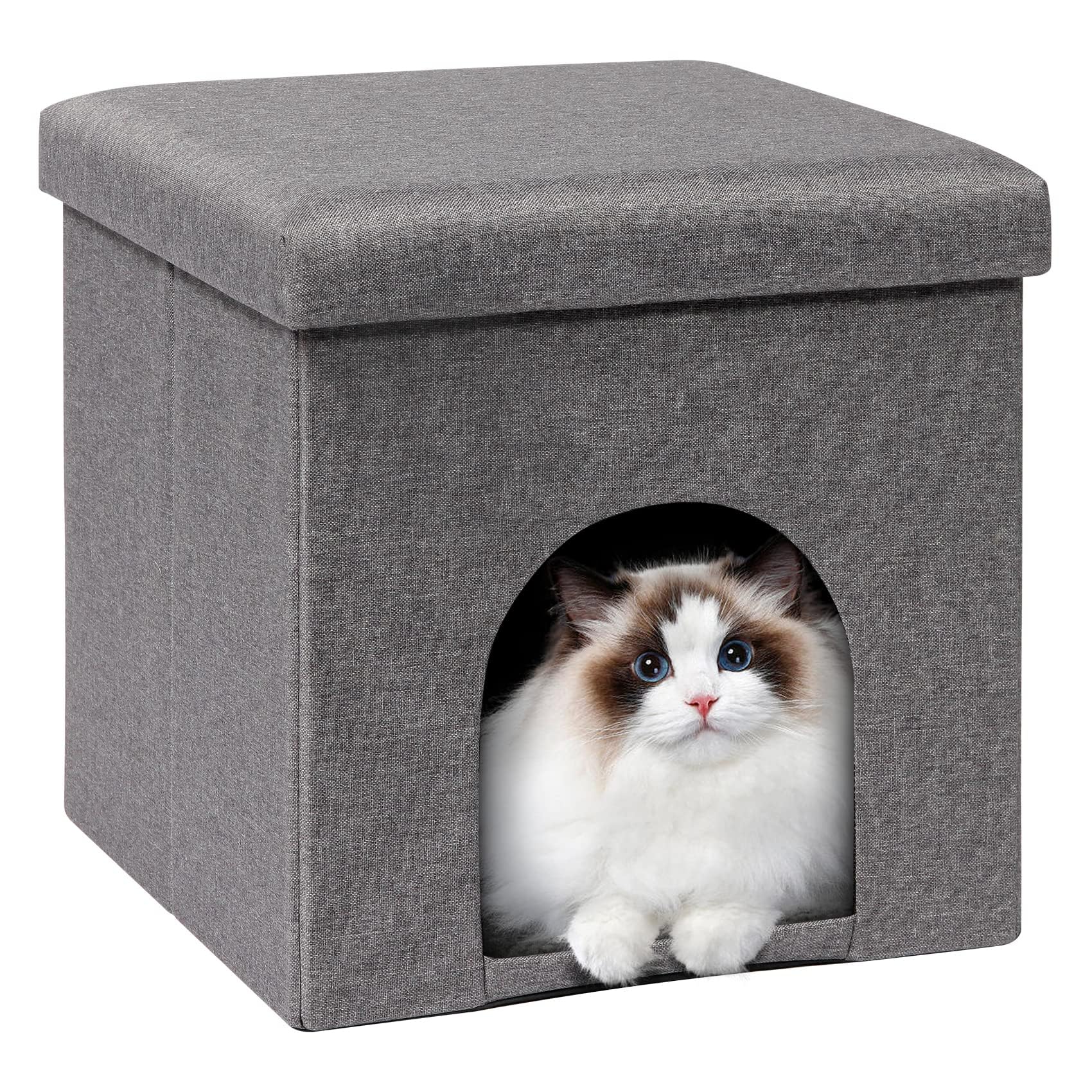 Bonlife Cat House Ottoman | Folding Linen Pet Cave Bed with Washable Pad