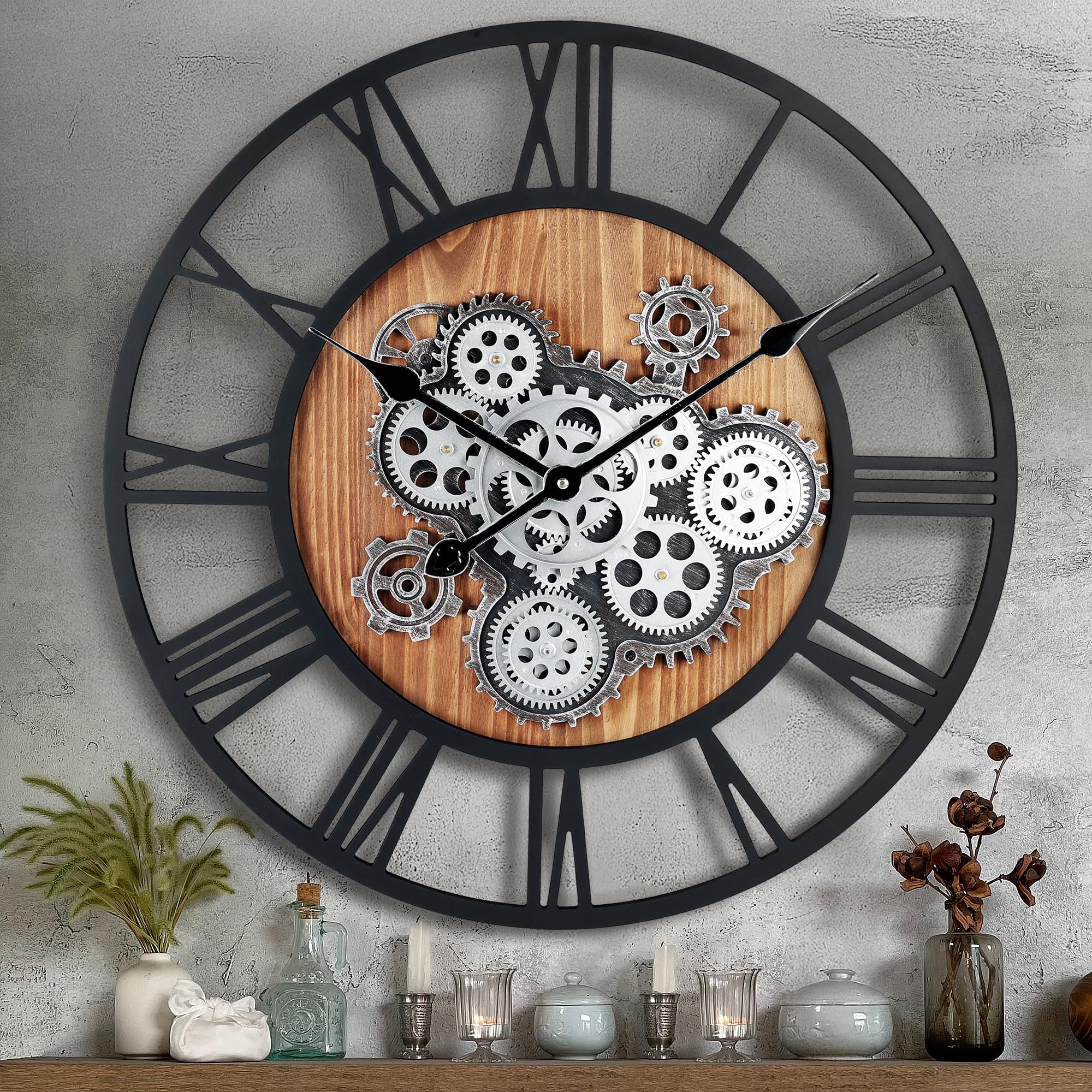Lafocuse 23 Inch Moving Gears Wall Clock – Rustic Industrial Wooden Decor