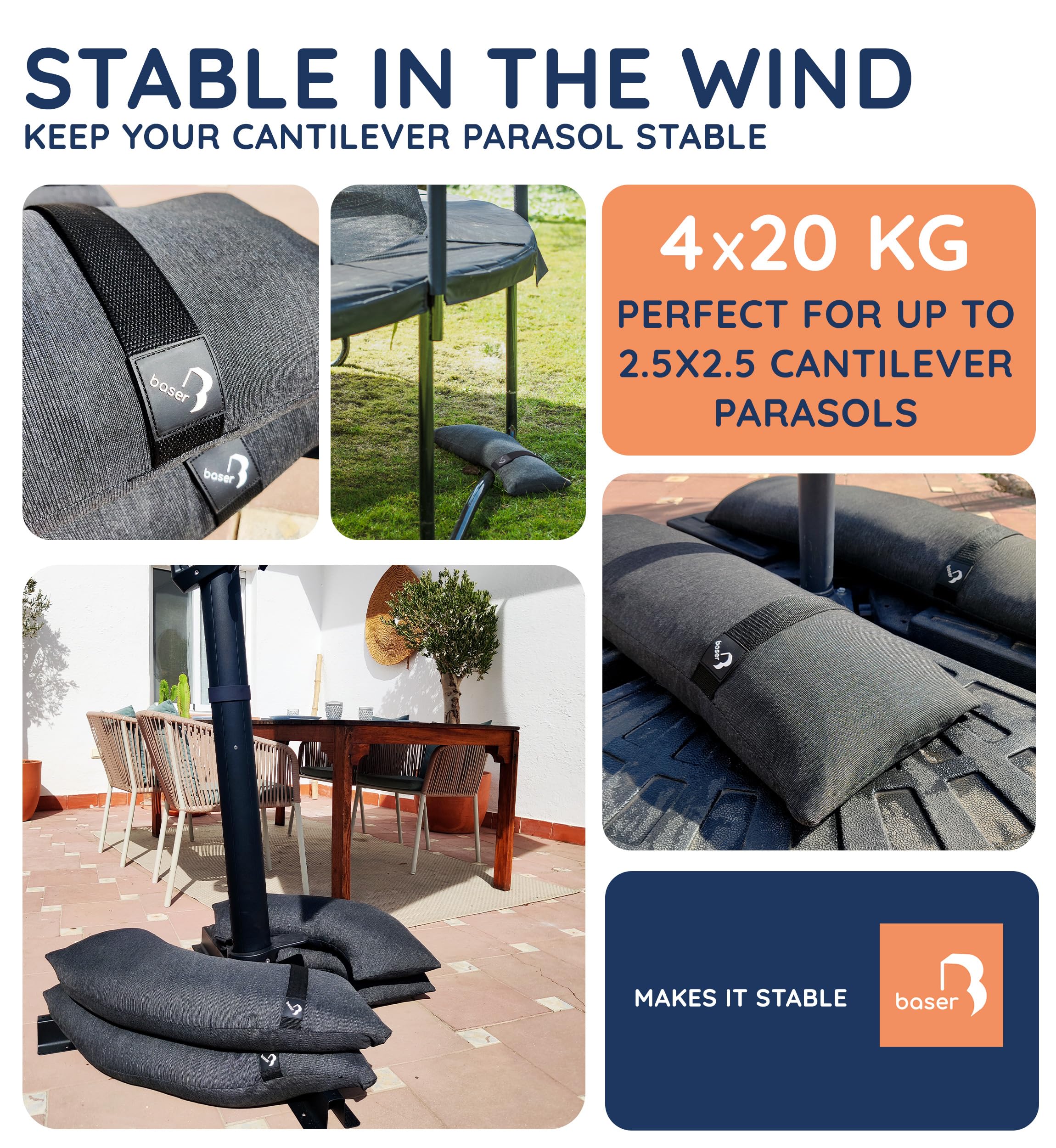 Baser Curved Sandbags | 4 x 20kg Fillable Weights for Parasols