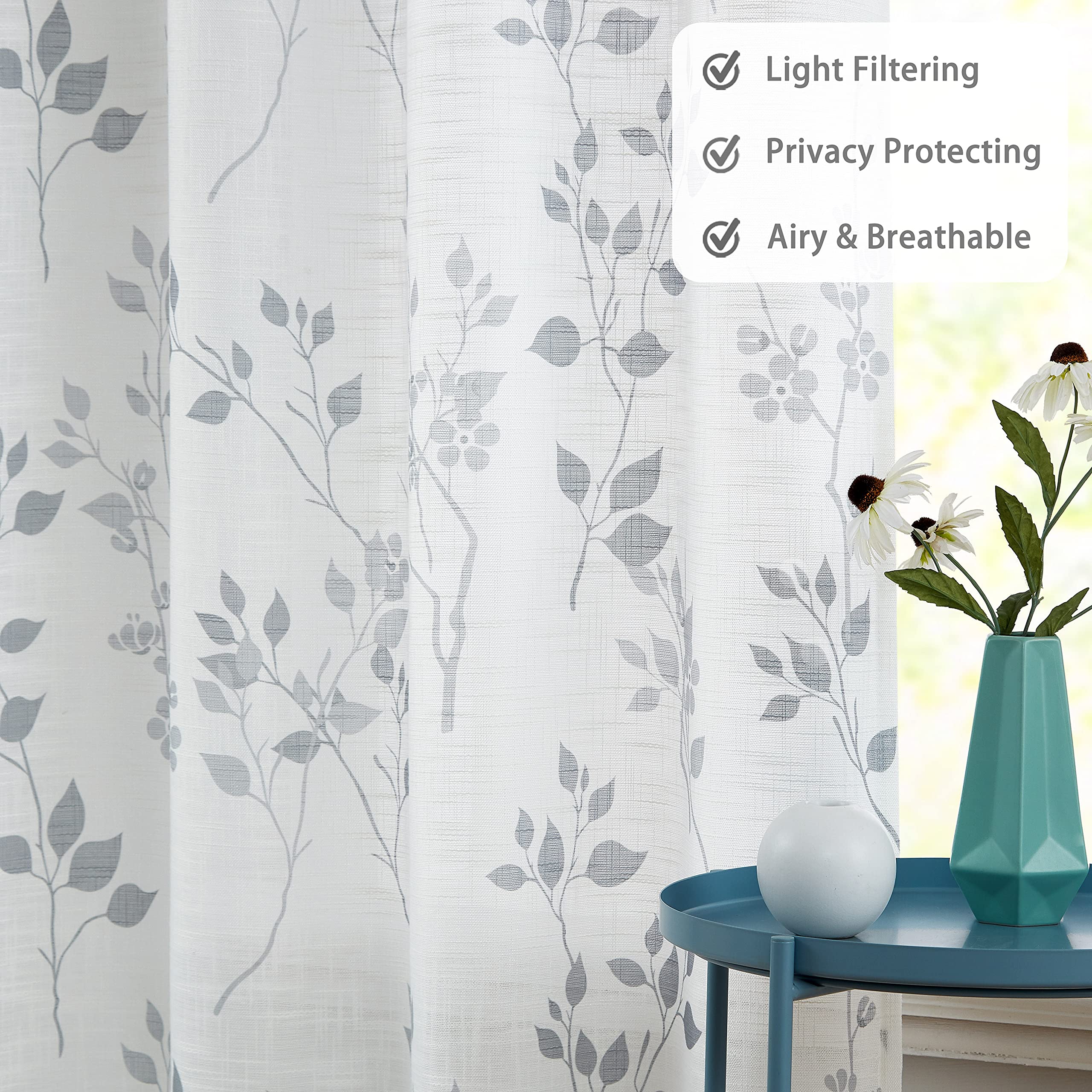 Beauoop Grey Floral Semi Sheer Curtains - Linen Textured Leaf Print, 2 Panels