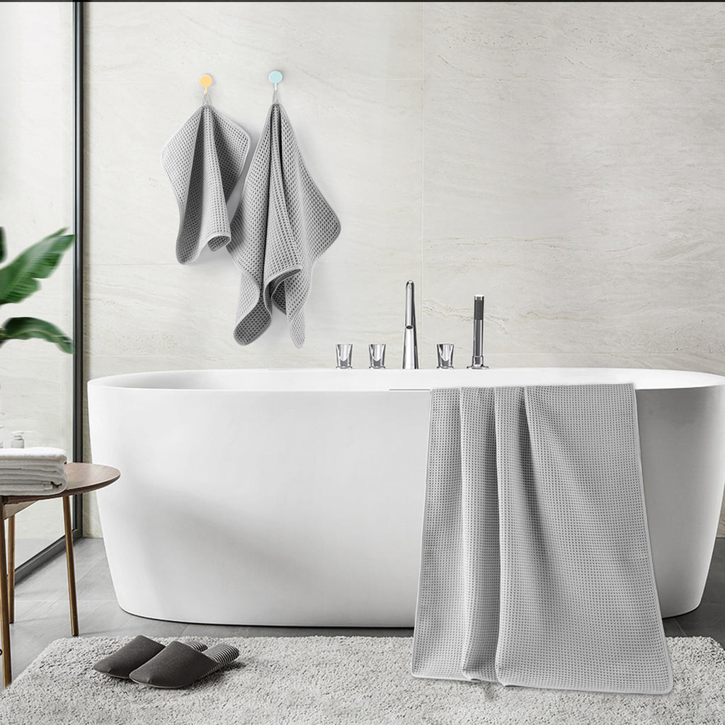 Polyte Microfiber Bath Towel Set - 6 Piece Quick Dry Waffle Weave, Grey