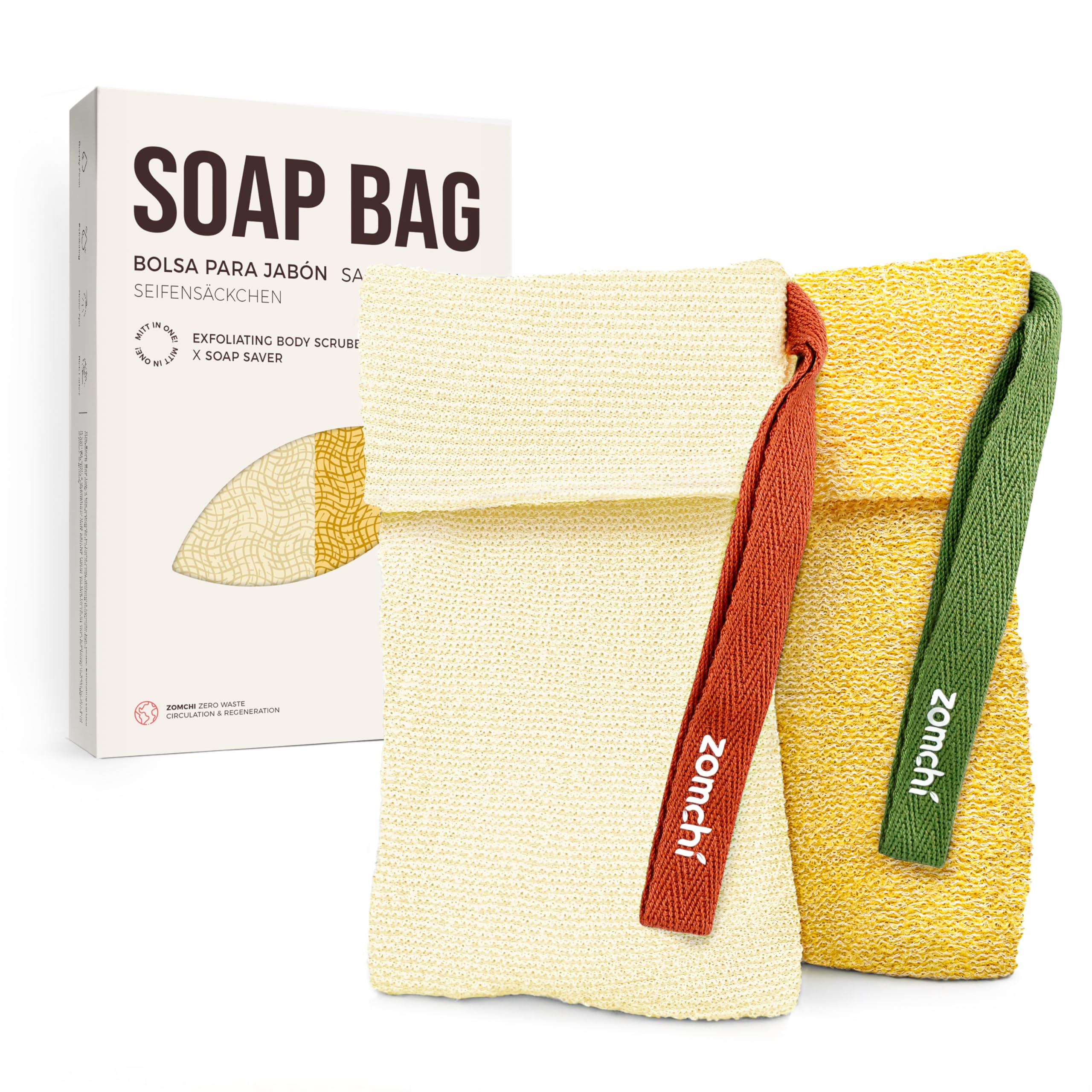 ZOMCHI Exfoliating Soap Saver Bag - 2 Pack Nylon Body Scrubber, Yellow