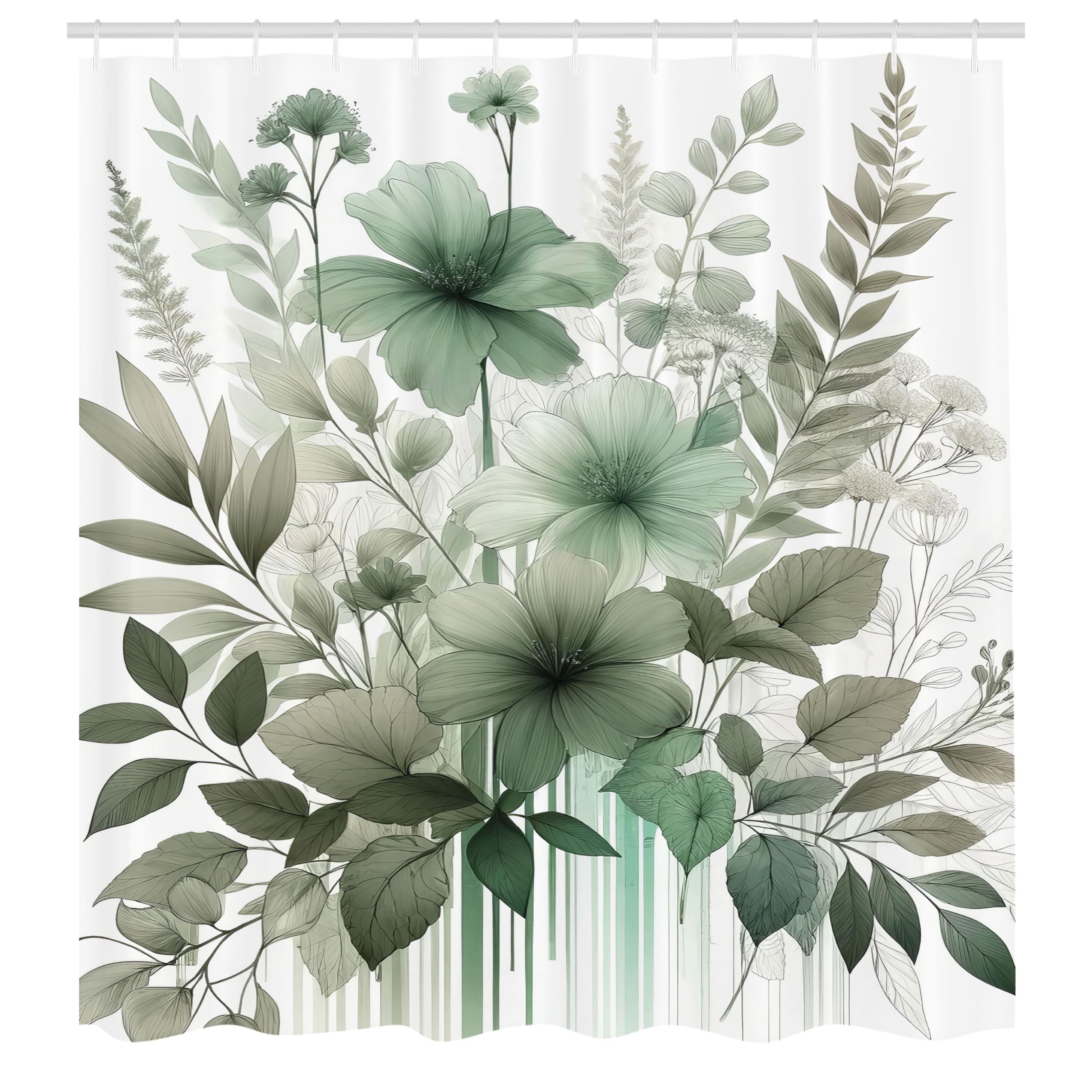 Abakuhaus Sage Green Floral Shower Curtain | Waterproof Fabric, 175x200cm