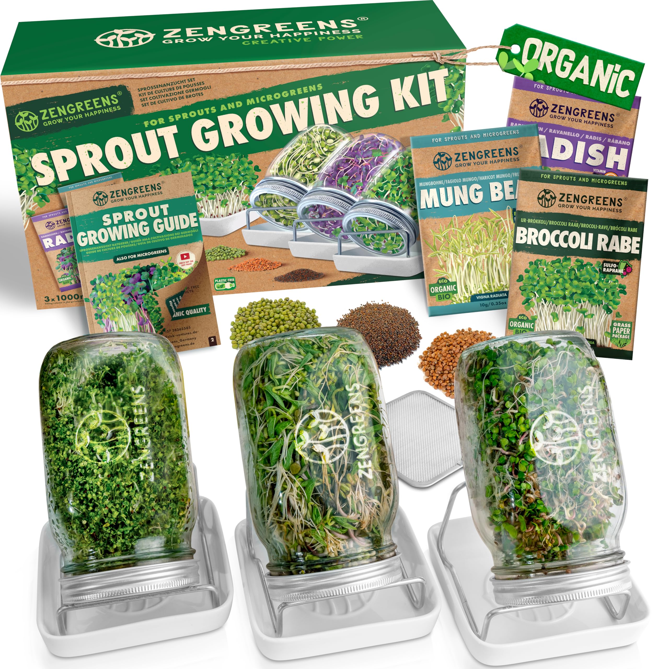 ZenGreens Organic Sprout Jar Set with Seeds, Tray & Video Course