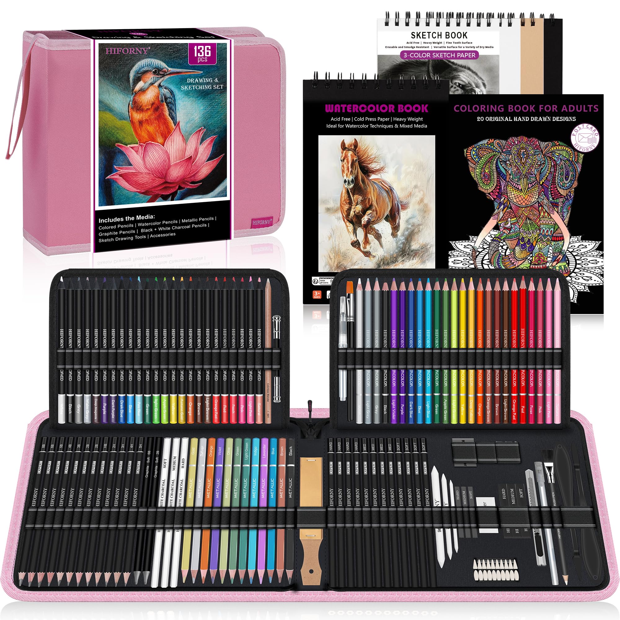 HIFORNY 136 PCS Drawing & Sketching Set | Pro Art Supplies with Case - Pink