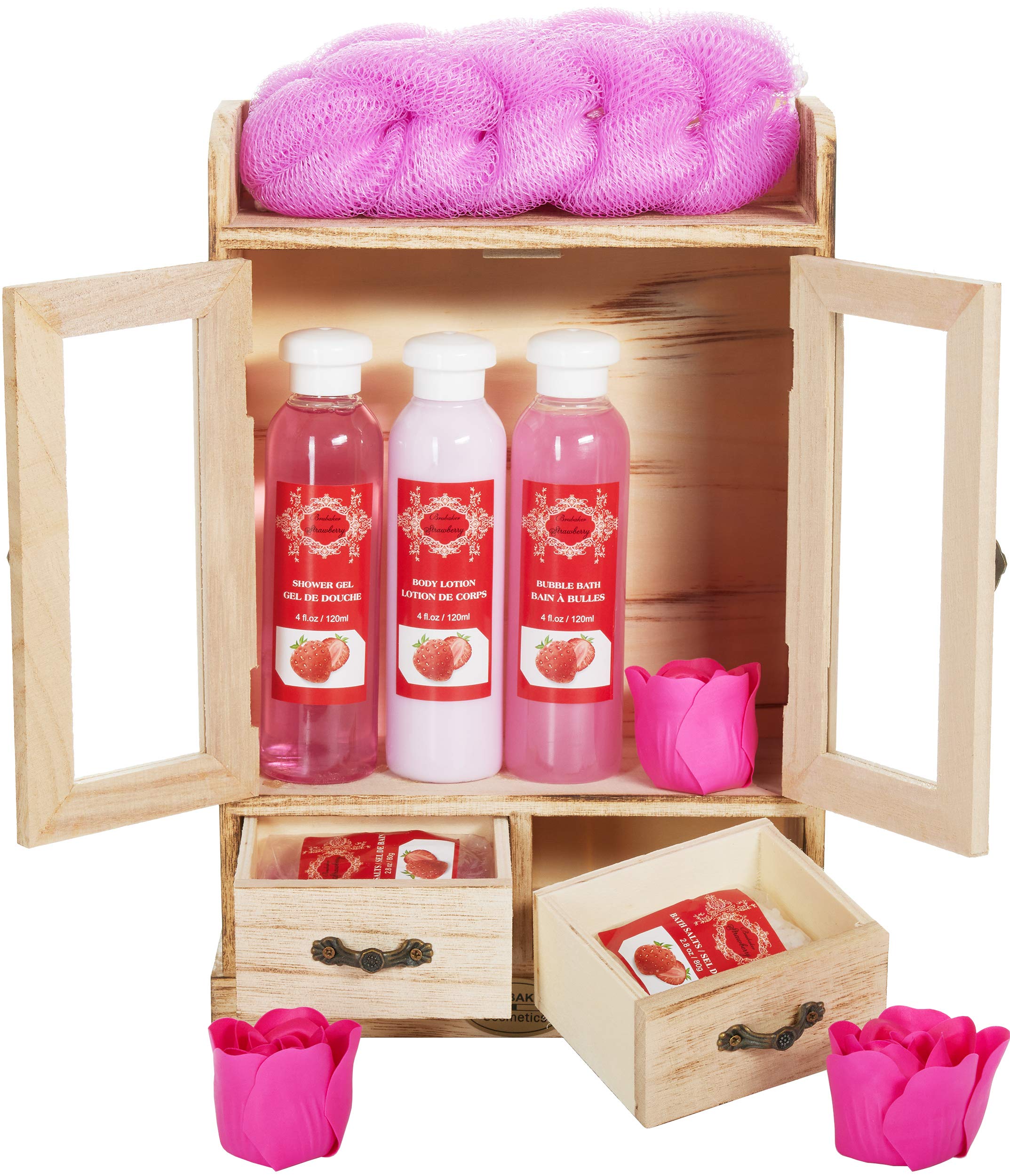 BRUBAKER Strawberry Bath and Body Gift Set | 10-Piece Vintage Wood Cabinet