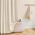 BTTN Boho Farmhouse Shower Curtain – Striped Linen-Look Fabric with Tassels