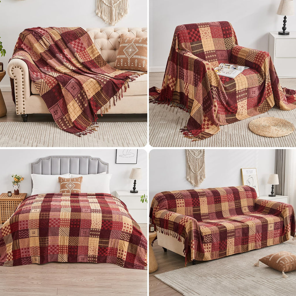 Edcooy Boho Throw Blanket – Patchwork Chenille Sofa Cover with Tassels