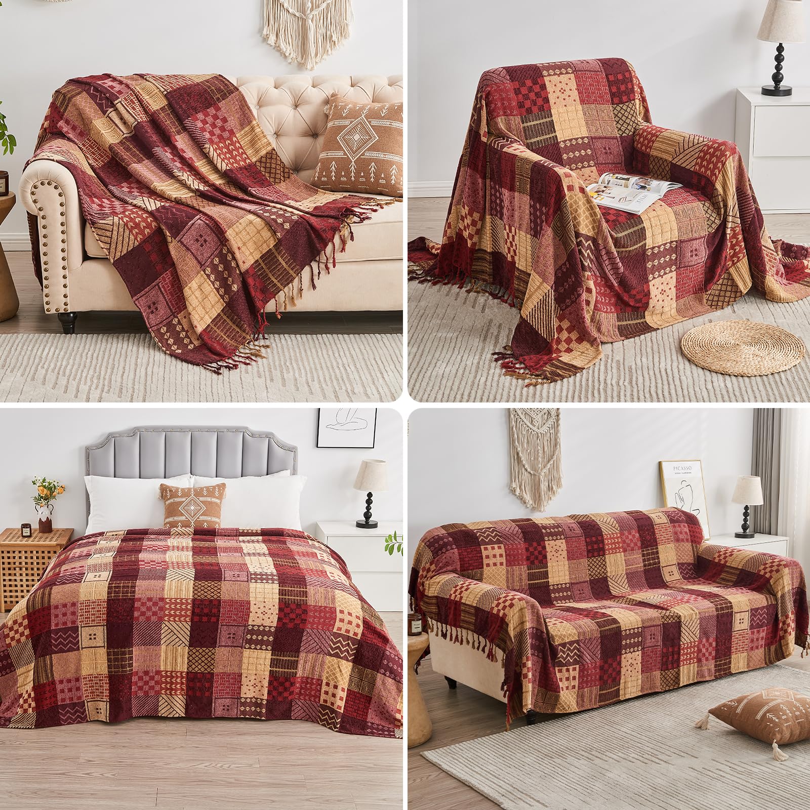 Edcooy Boho Throw Blanket – Patchwork Chenille Sofa Cover with Tassels