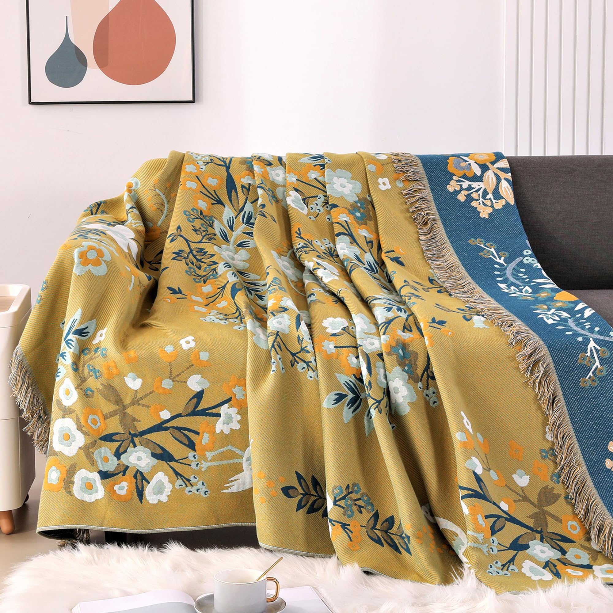 DECMAY Boho 100% Cotton Throw Blanket – Reversible Tasseled Sofa Cover
