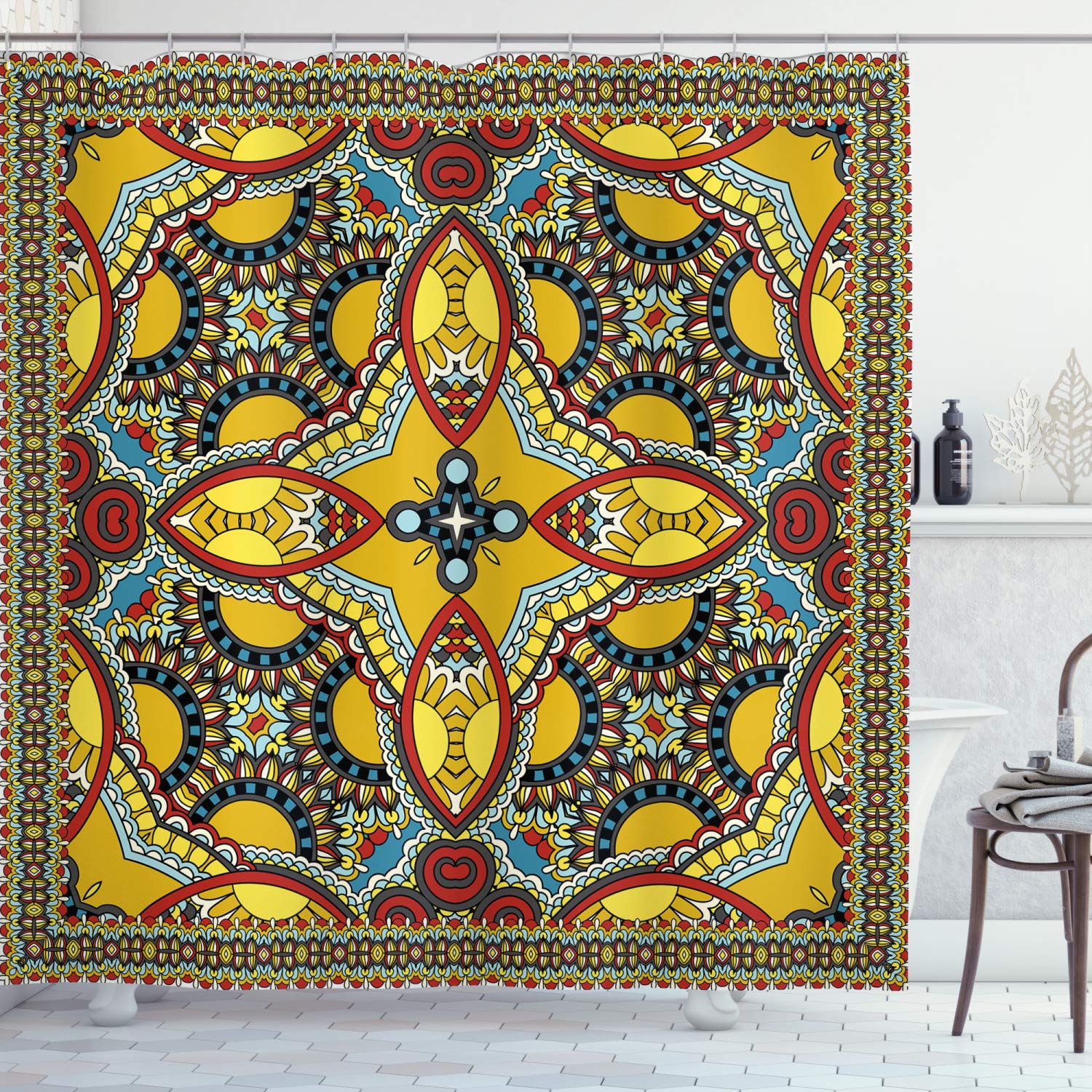 ABAKUHAUS Oriental Floral Shower Curtain | Fabric Bathroom Decor Set