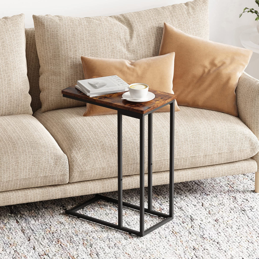Yusong C Shaped End Table – Slim Industrial Sofa Side Table, Rustic Brown