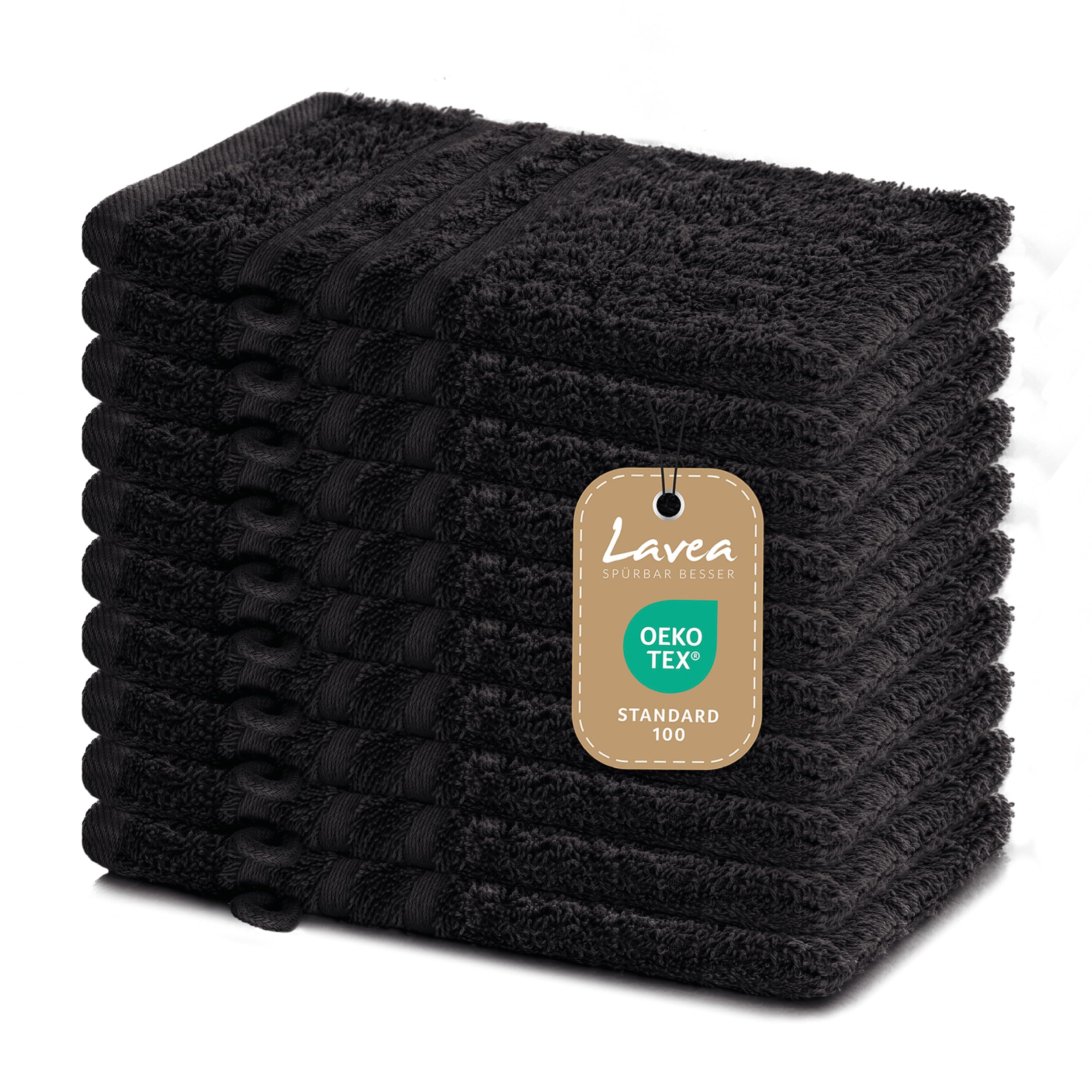 Lavea Elena Terry Towel Wash Mitts - 100% Cotton, Set of 10 - Black