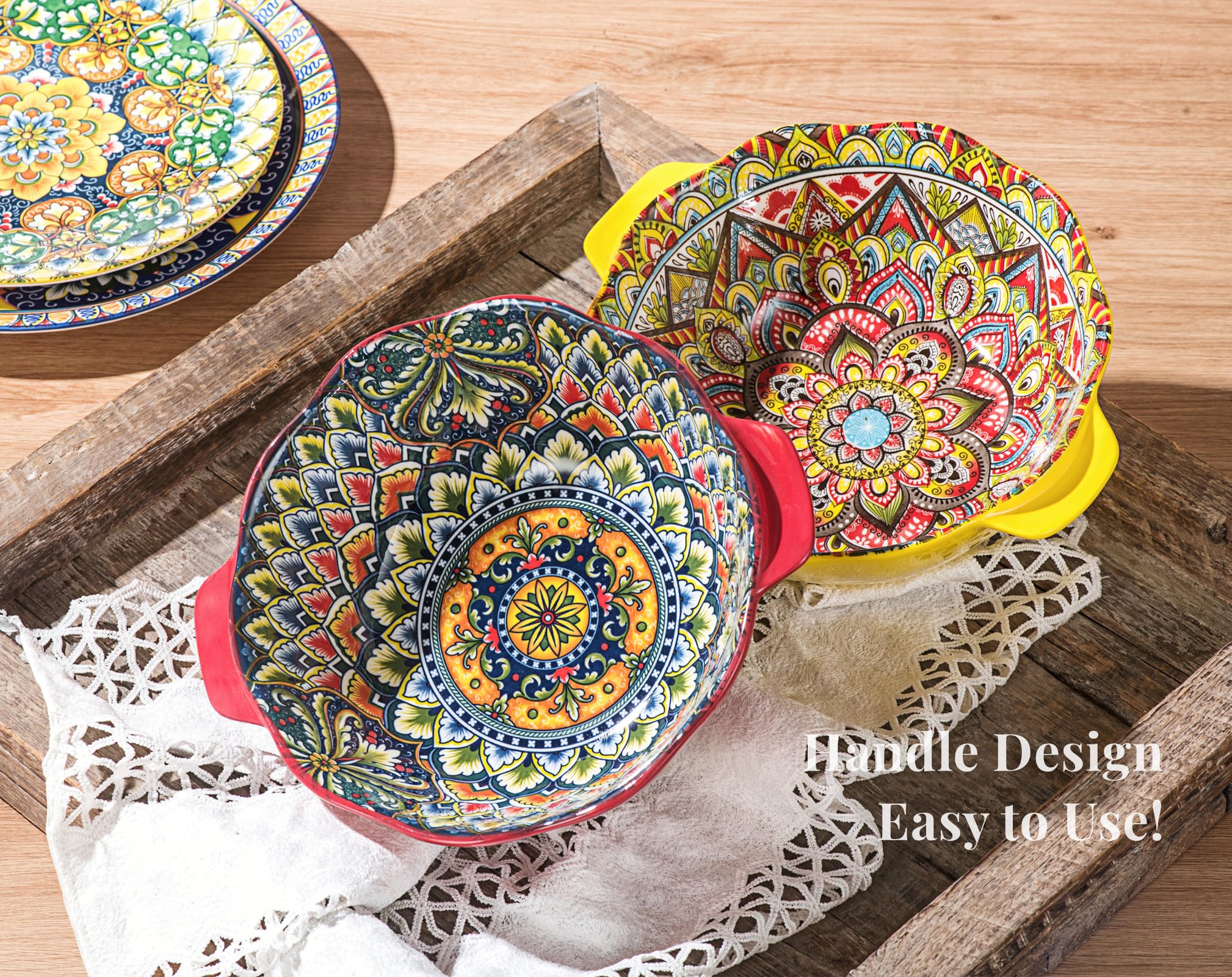 Henten Home Bohemian Ceramic Salad Bowls with Handle, 49 Oz - Set of 2