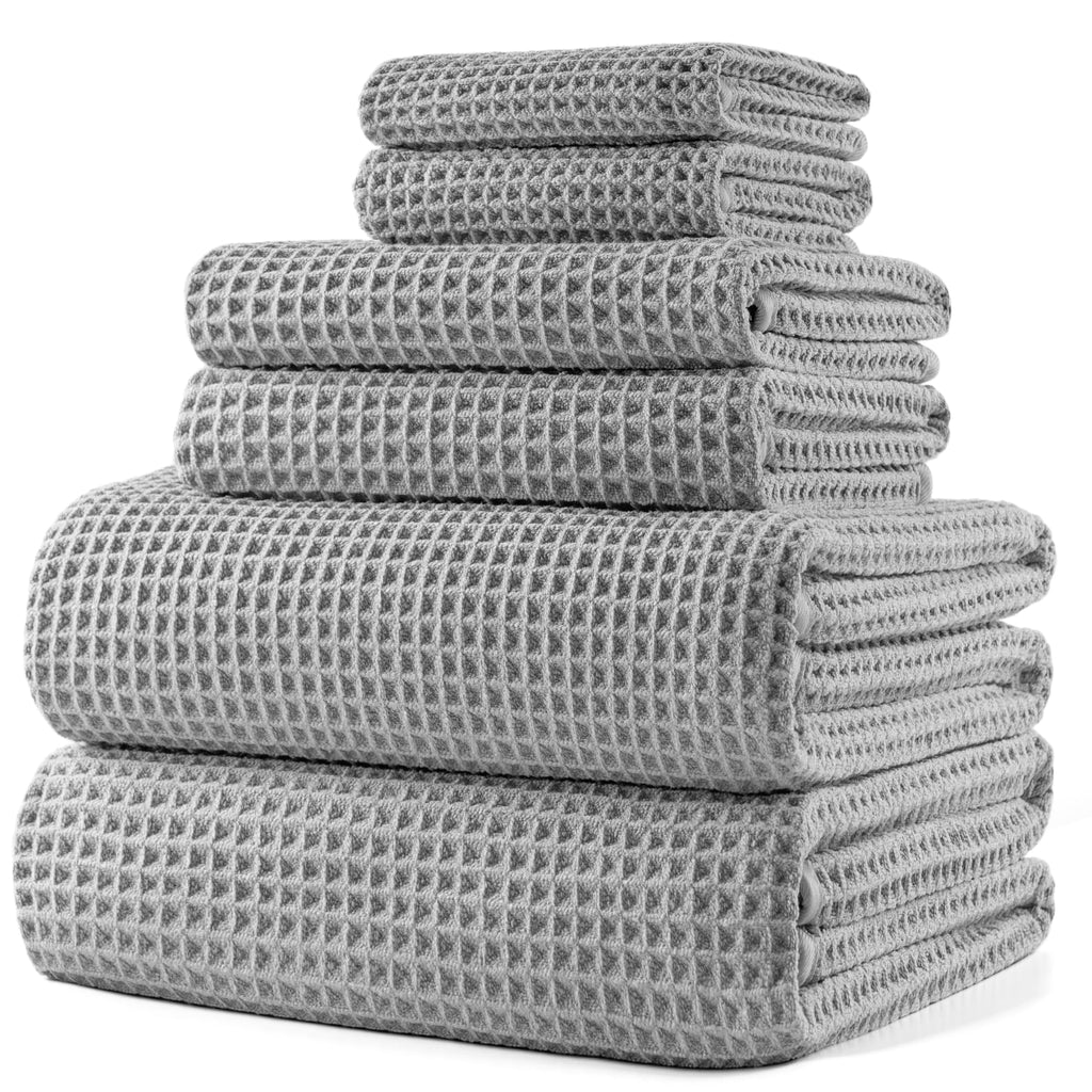 Polyte Microfiber Bath Towel Set - 6 Piece Quick Dry Waffle Weave, Grey