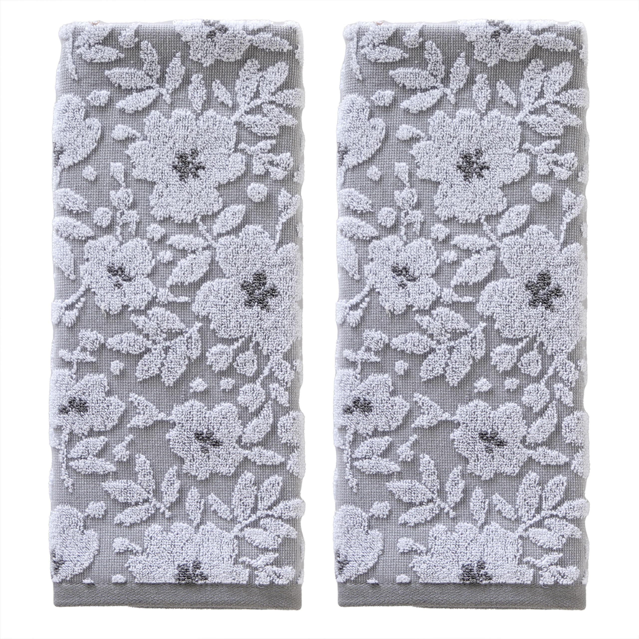 SKL Home Floral Jacquard Cotton Hand Towel Set, Gray – 2 Count