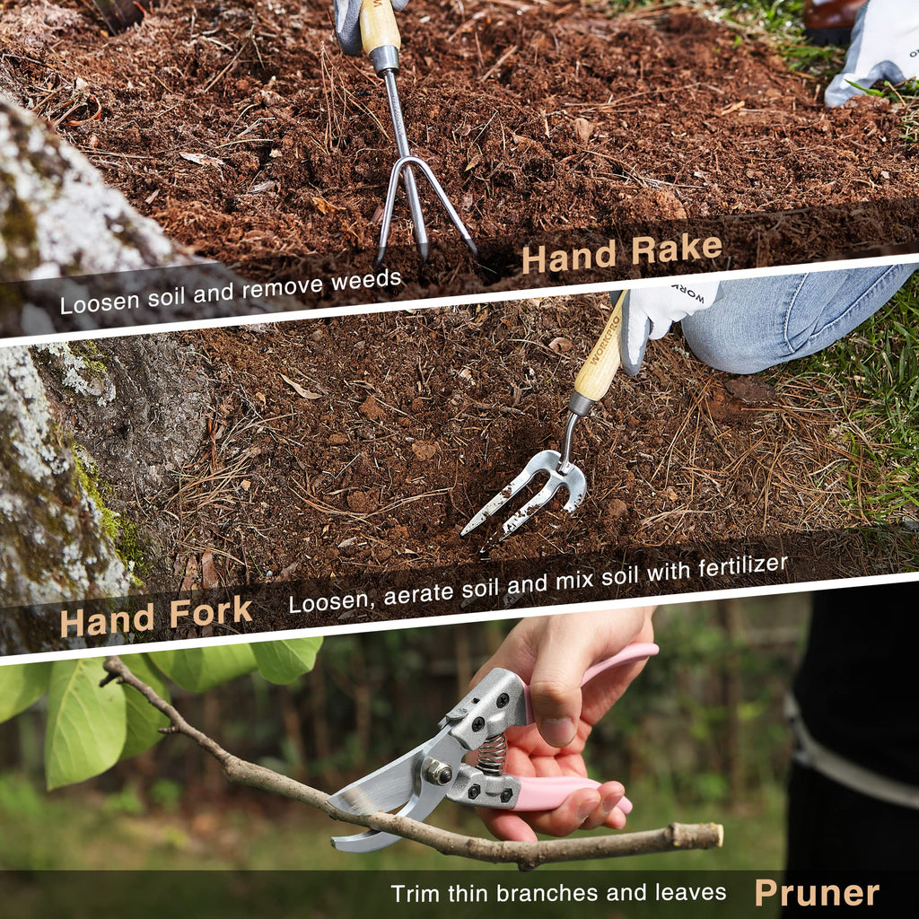 WORKPRO 8-Piece Pink Garden Tool Set | Stainless Steel & Wood Handles