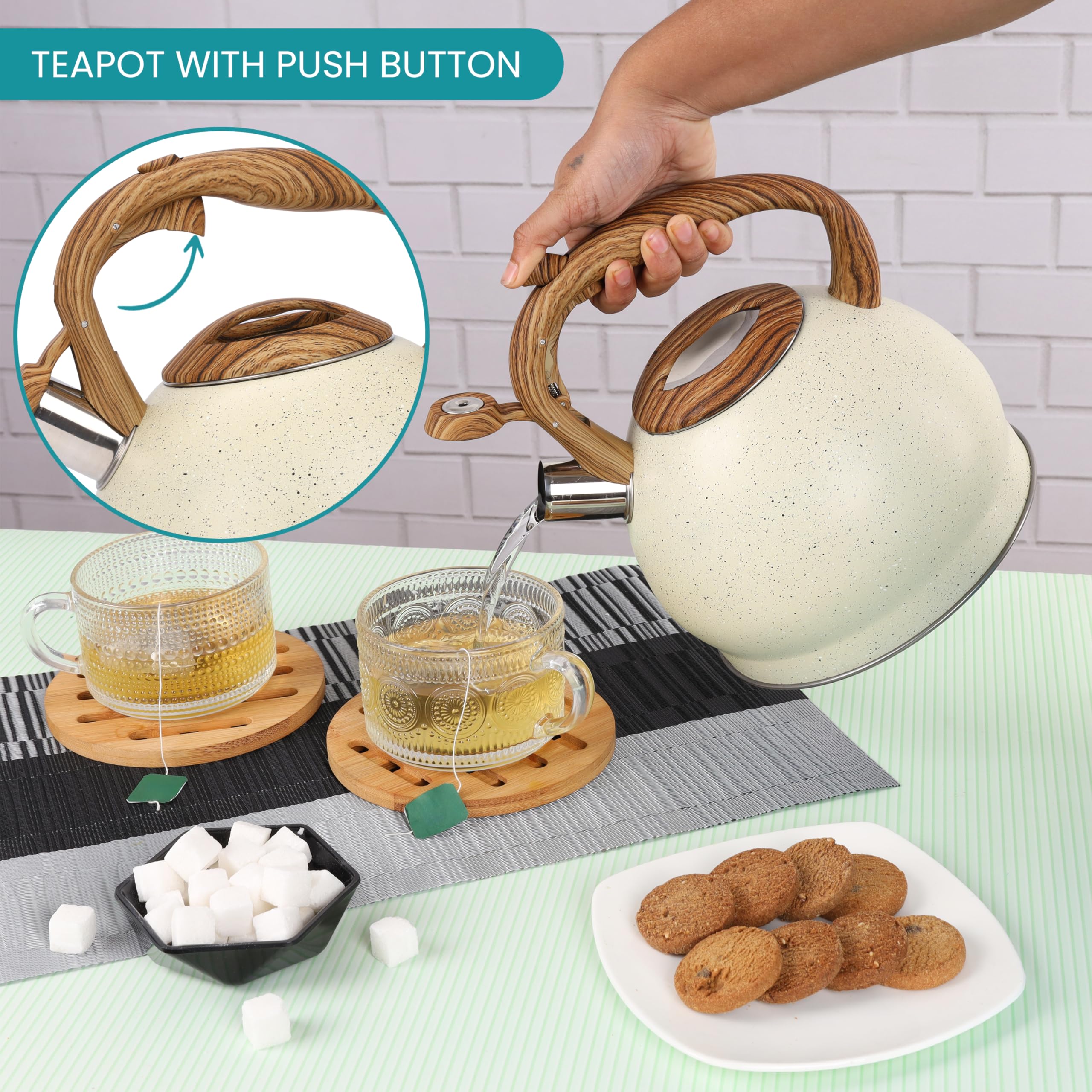 Belle Vous 3L Whistling Tea Kettle – Beige Stainless Steel Stovetop Pot