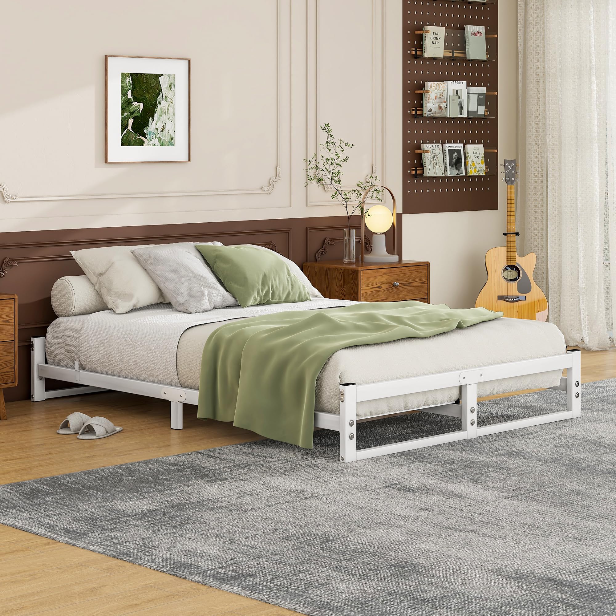 VECOCHO Double Bed Frame | 4ft6 Low Profile Metal Platform Base – White