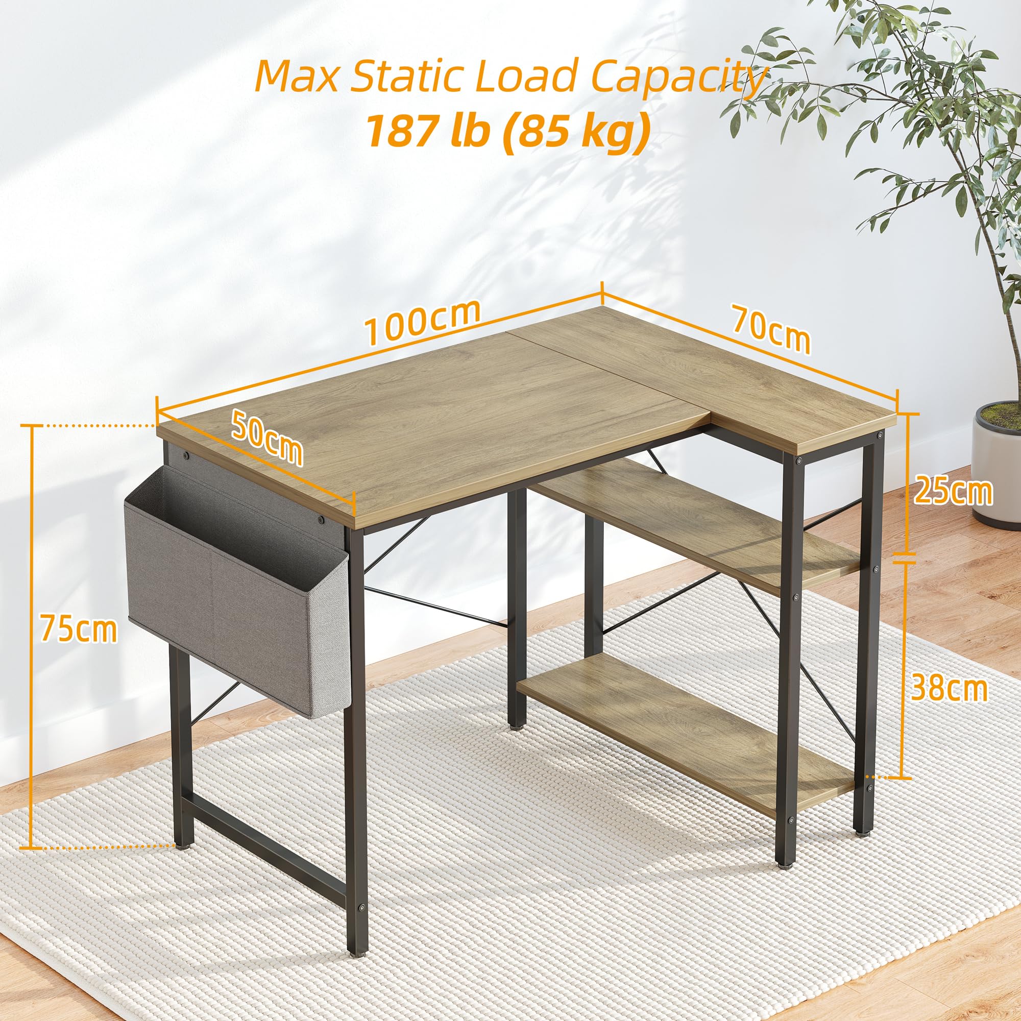 BEXEVUE L-Shaped Corner Desk | 100x70cm Gaming Table with Storage Shelves