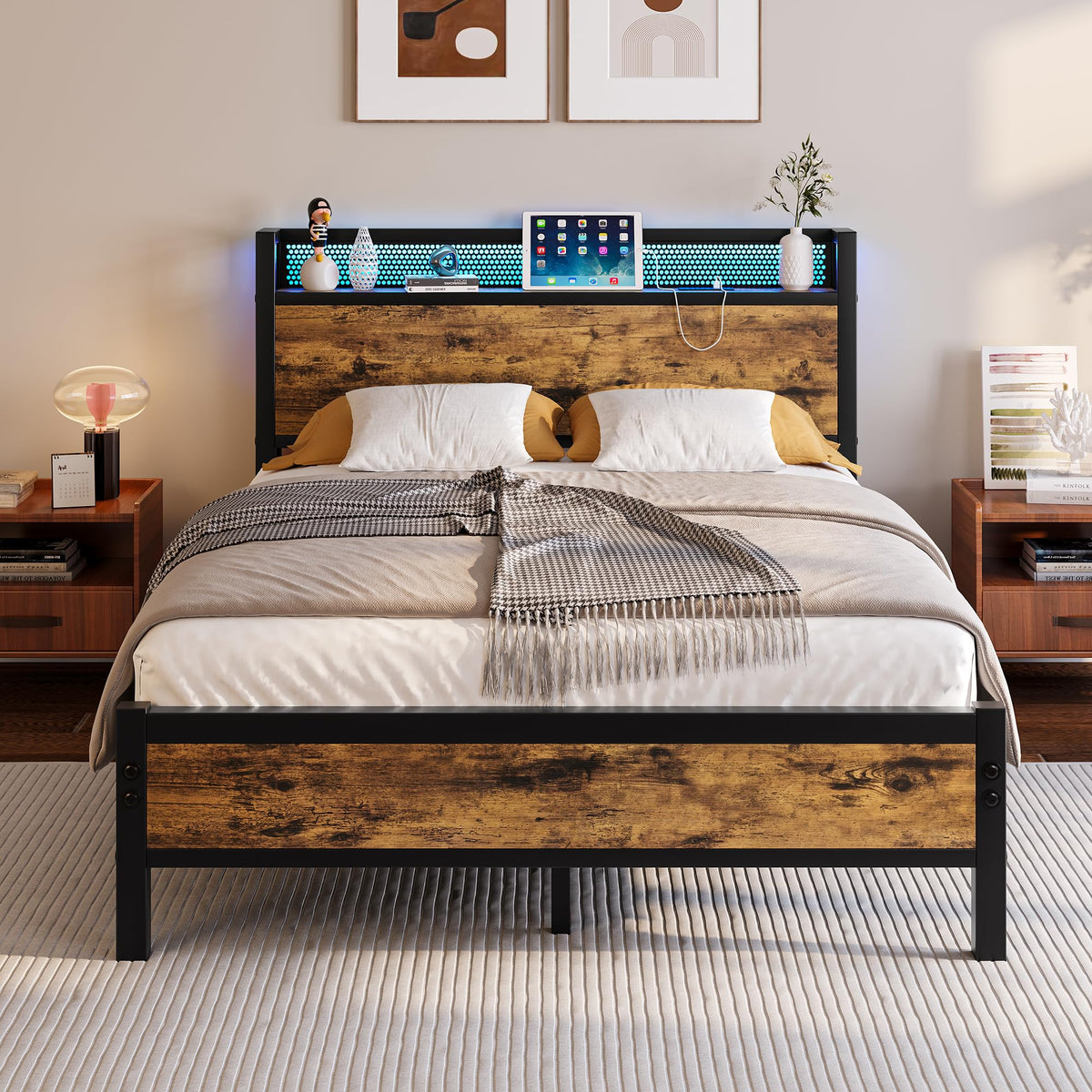 Diahomy 4ft6 Double Bed Frame with LED Lights&Charging Station,Brown - image 1