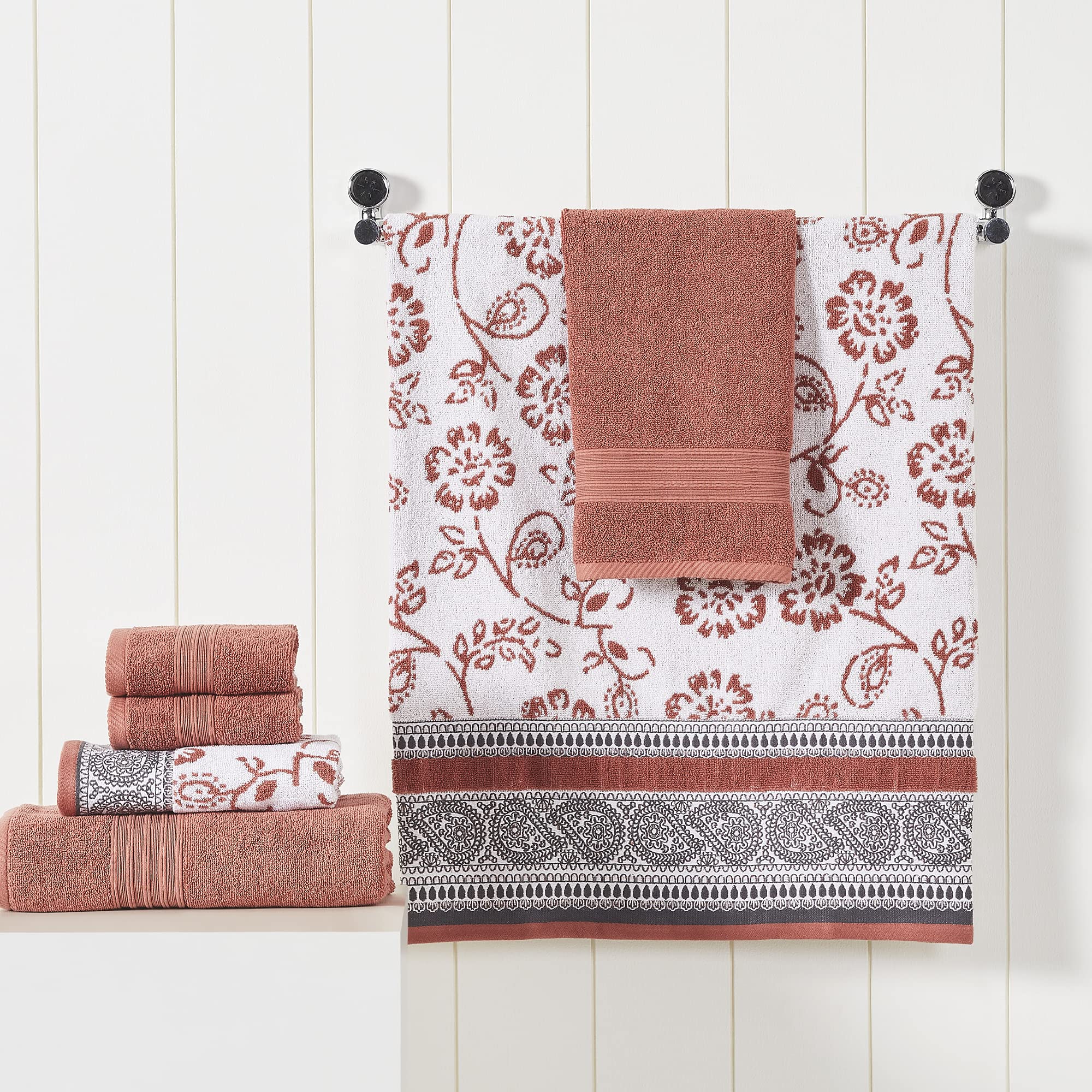 Modern Threads 6-Piece Cotton Towel Set | Jacquard & Solid – Clay