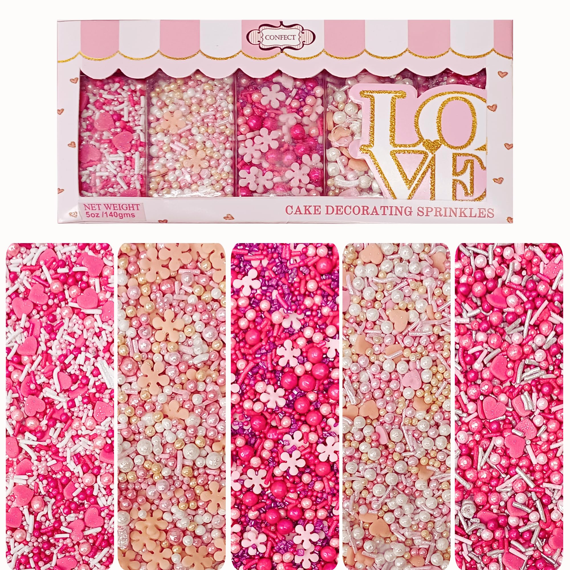 Confect Pink, Gold & White Pearl Sprinkles - Bake Stable Cake Decor