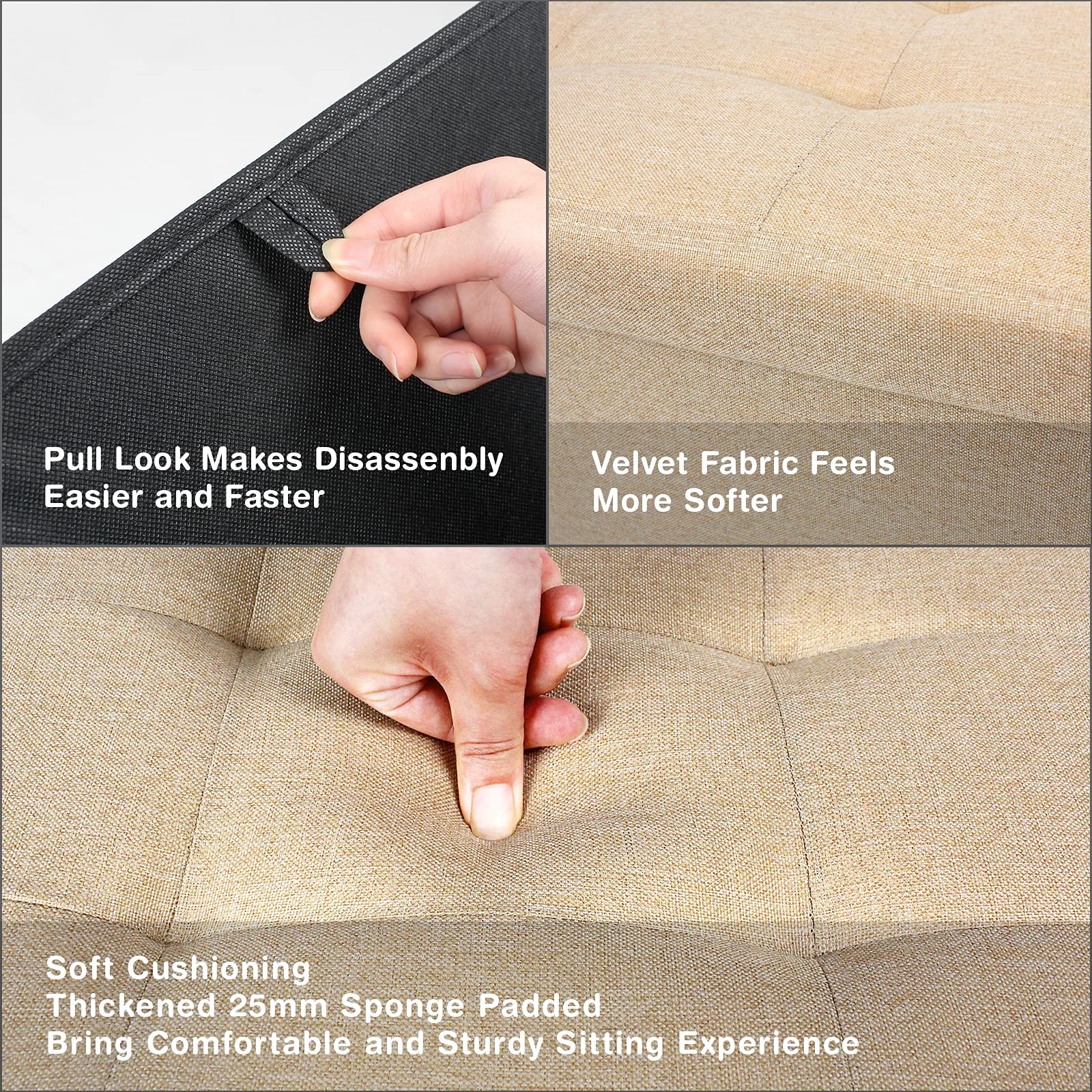 BRIAN & DANY Folding Storage Ottoman | Beige Linen Footstool Bench