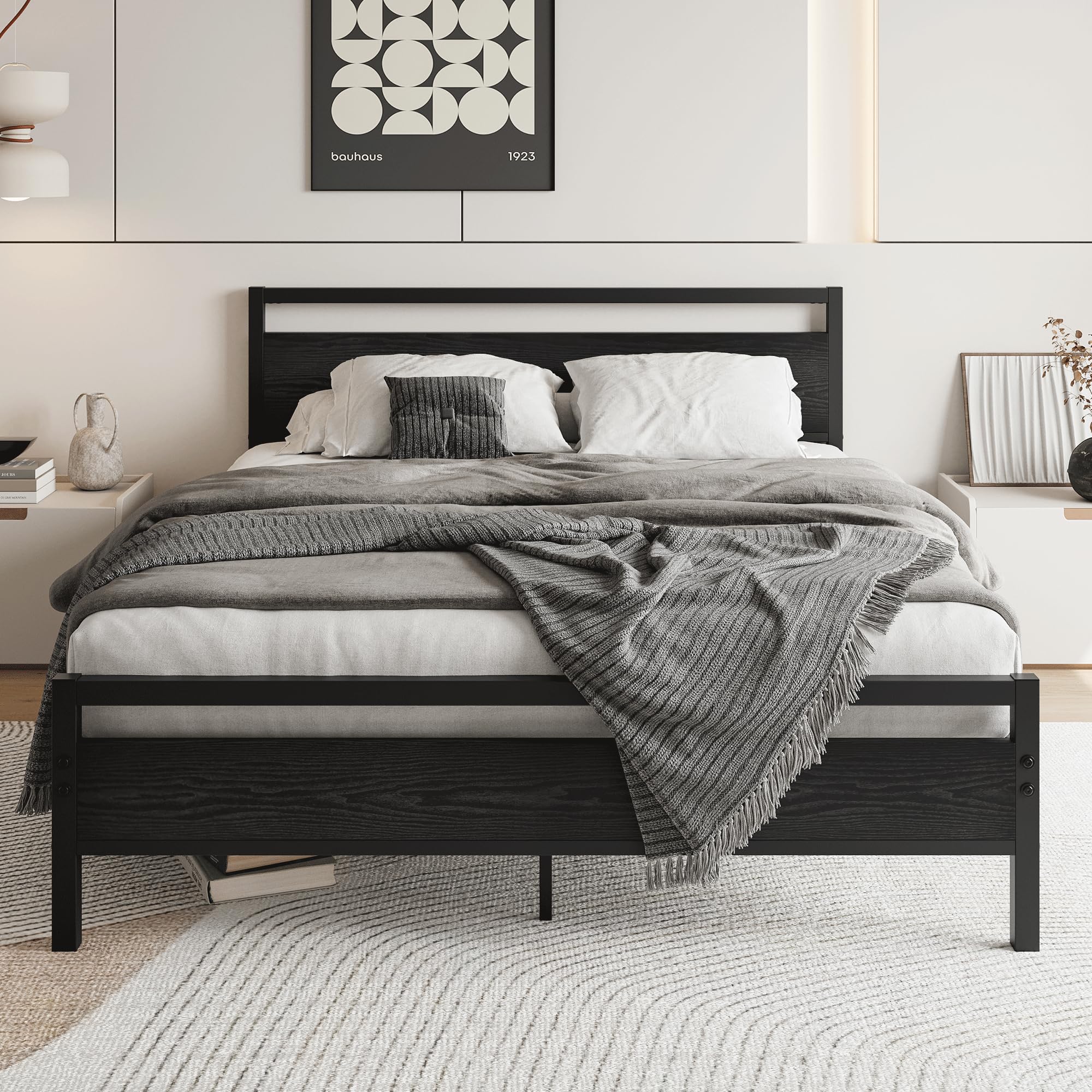 HOJINLINERO King Size Bed Frame | Industrial Metal & Wood Platform Base