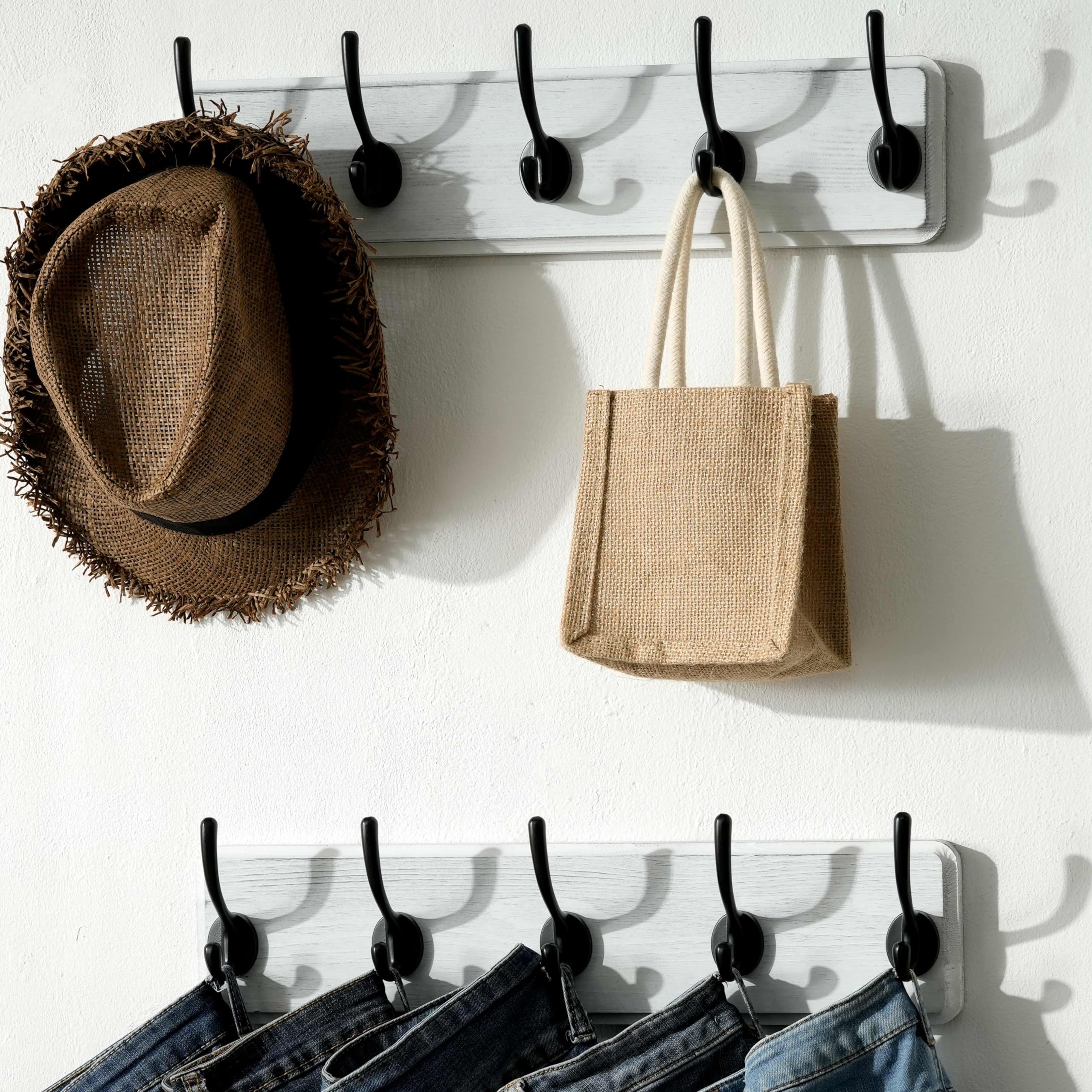 SKOLOO Farmhouse Wall Mounted Coat Rack | 5-Hook Pine Wood Hanger, 2-Pack