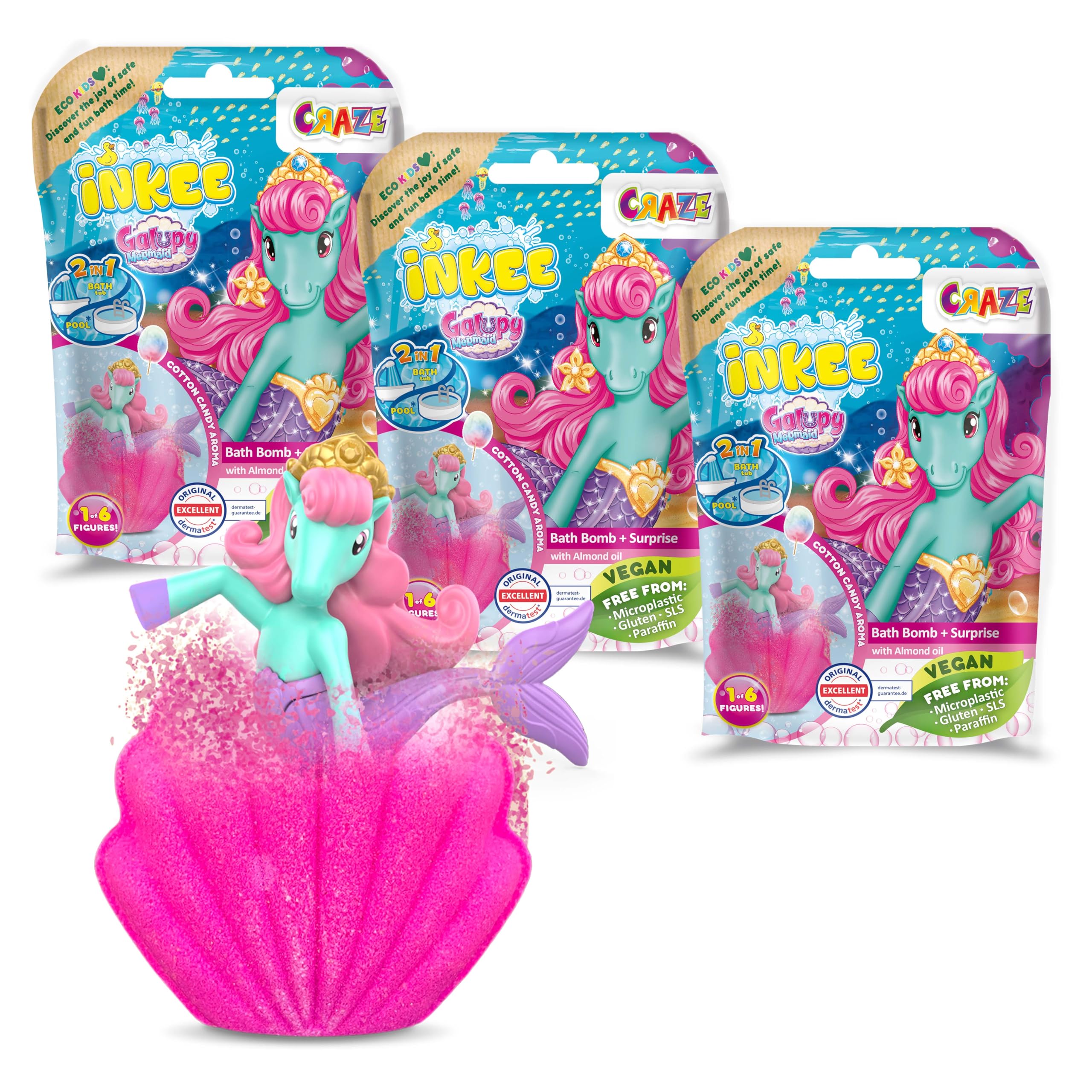 INKEE Galupy Mermaid Bath Bombs for Kids – 3 Pack with Surprise Toy