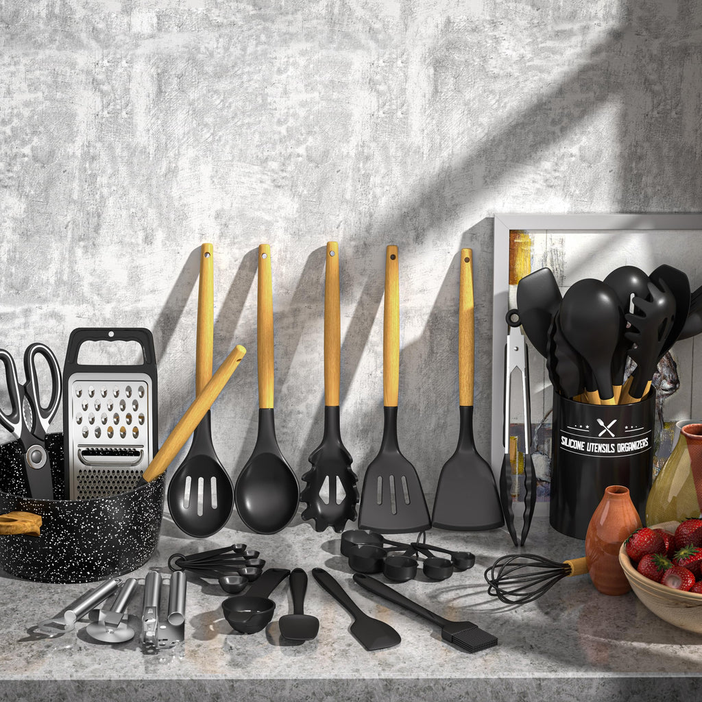 34-Piece Silicone Kitchen Utensils Set with Wooden Handles