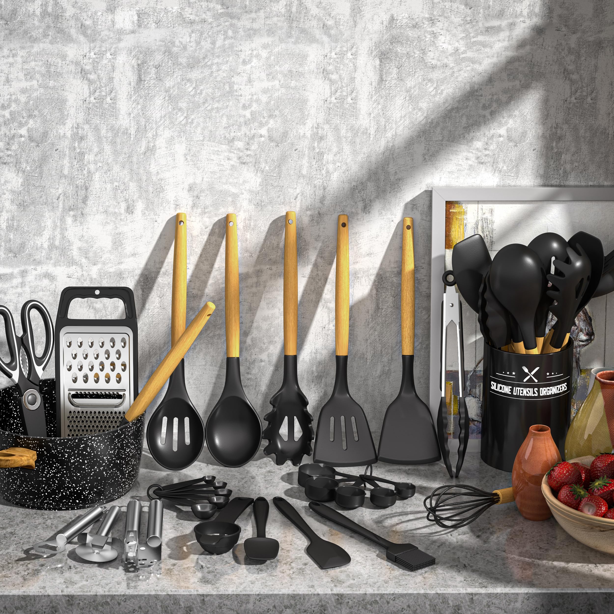 34-Piece Silicone Kitchen Utensils Set with Wooden Handles