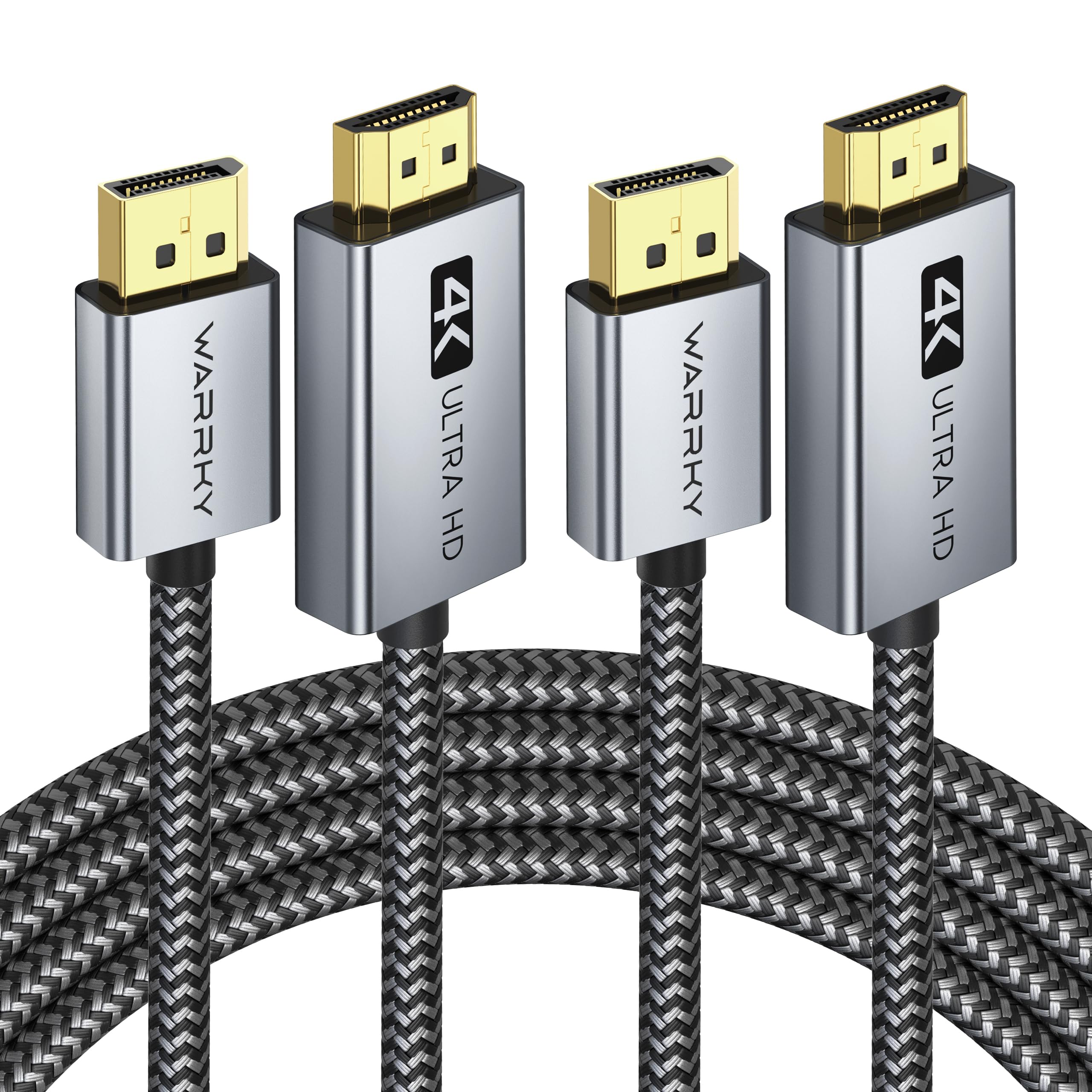 WARRKY 4K DisplayPort to HDMI Cable – Nylon Braided DP Lead, 6ft 2-Pack