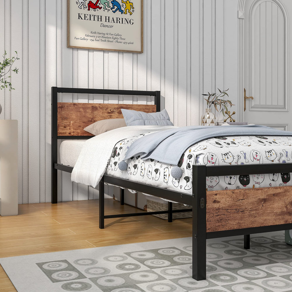 HOJINLINERO Single Metal Bed Frame with Wood Headboard – Industrial Style