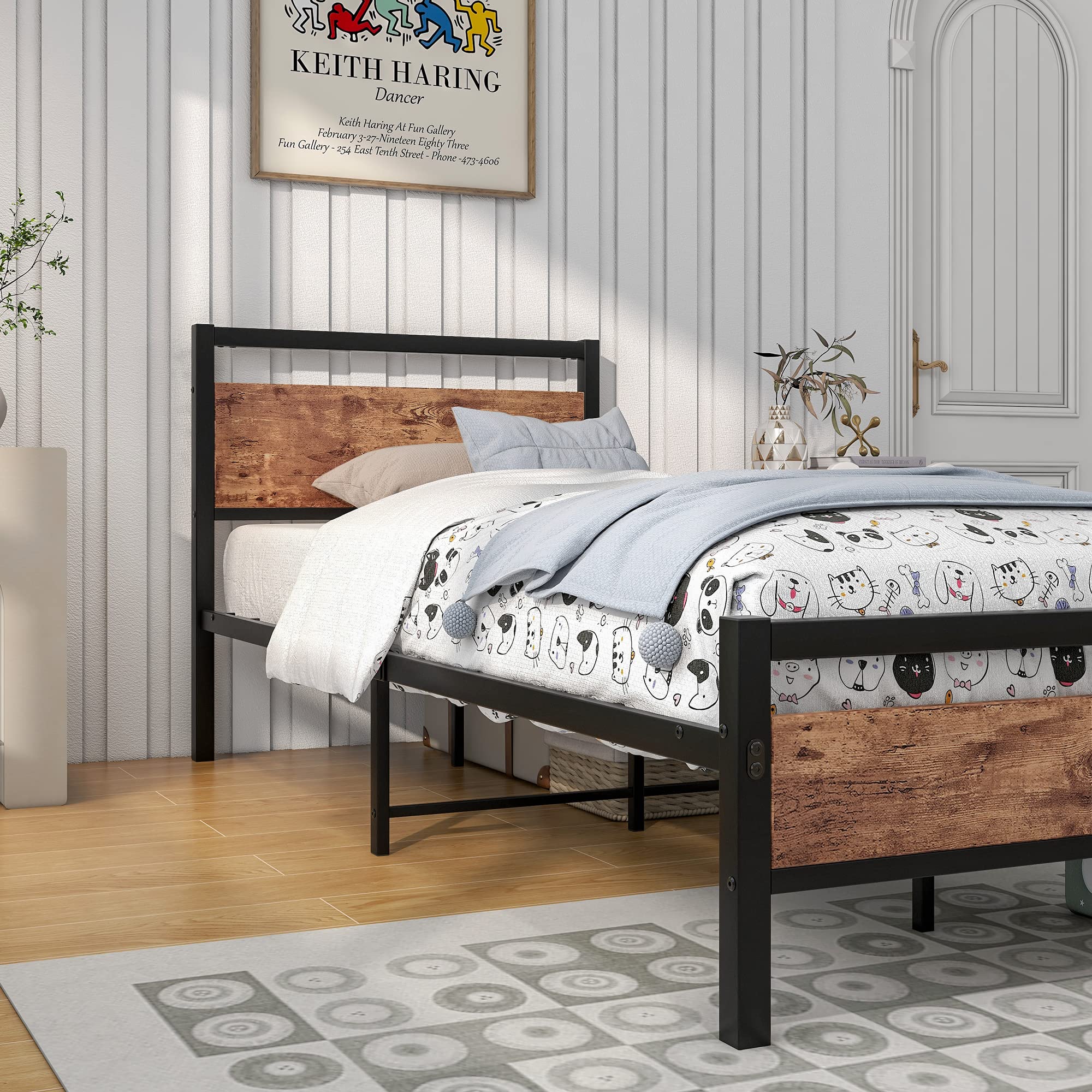 HOJINLINERO Single Metal Bed Frame with Wood Headboard – Industrial Style