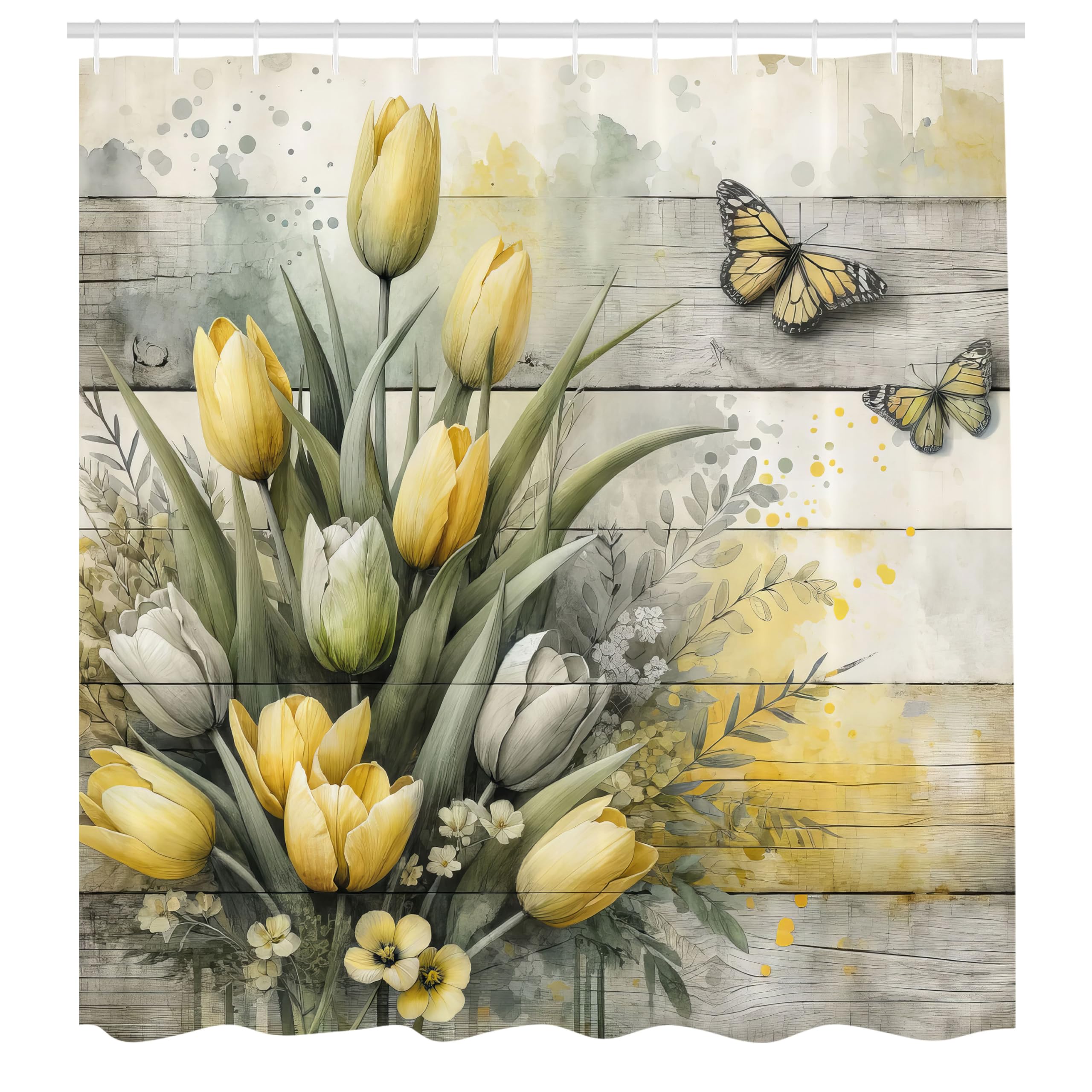 Abakuhaus Yellow Tulip Shower Curtain | Rustic Farmhouse Fabric Decor