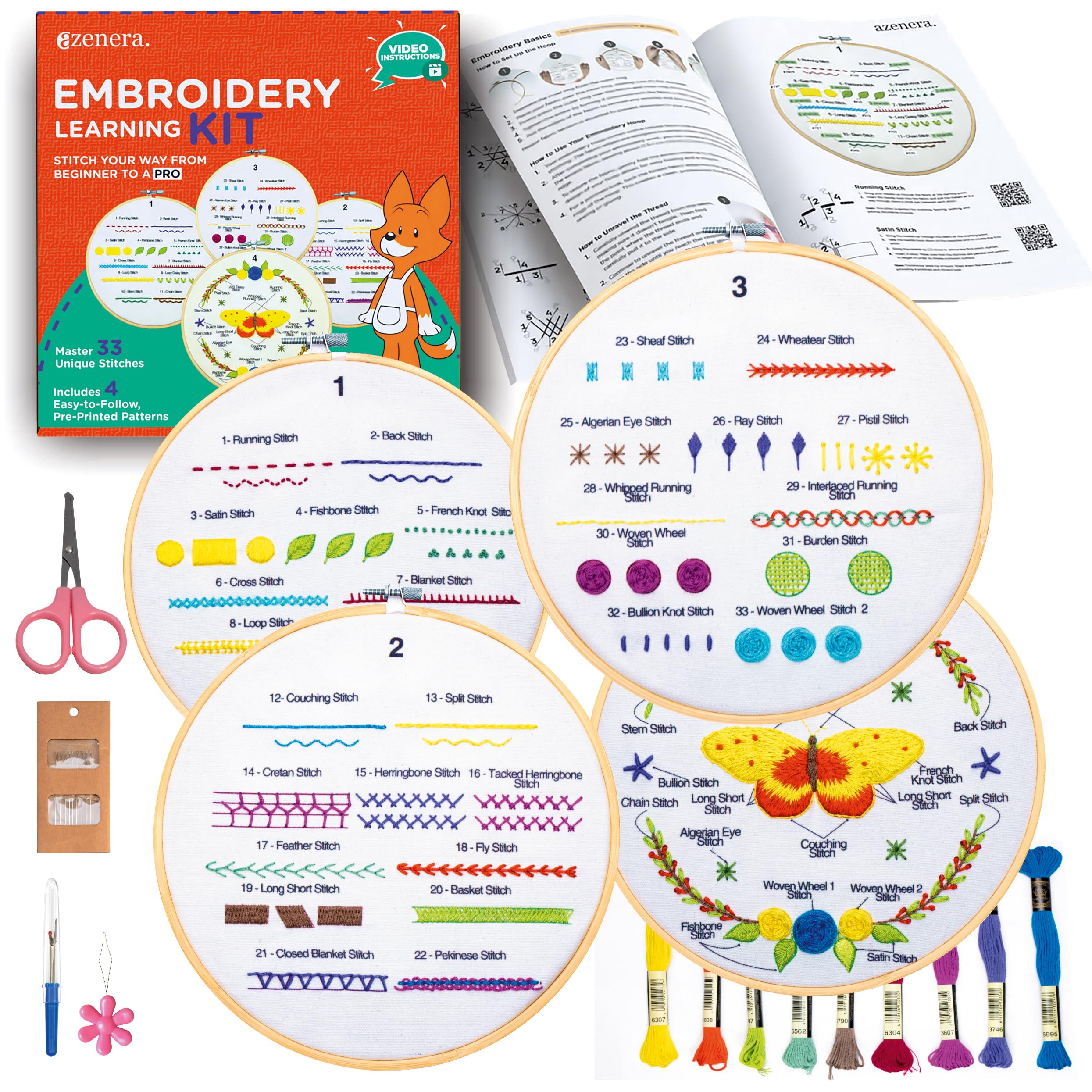 Azenera Beginner Embroidery Kit (4 Pack) | 33 Stitches & Video Tutorials