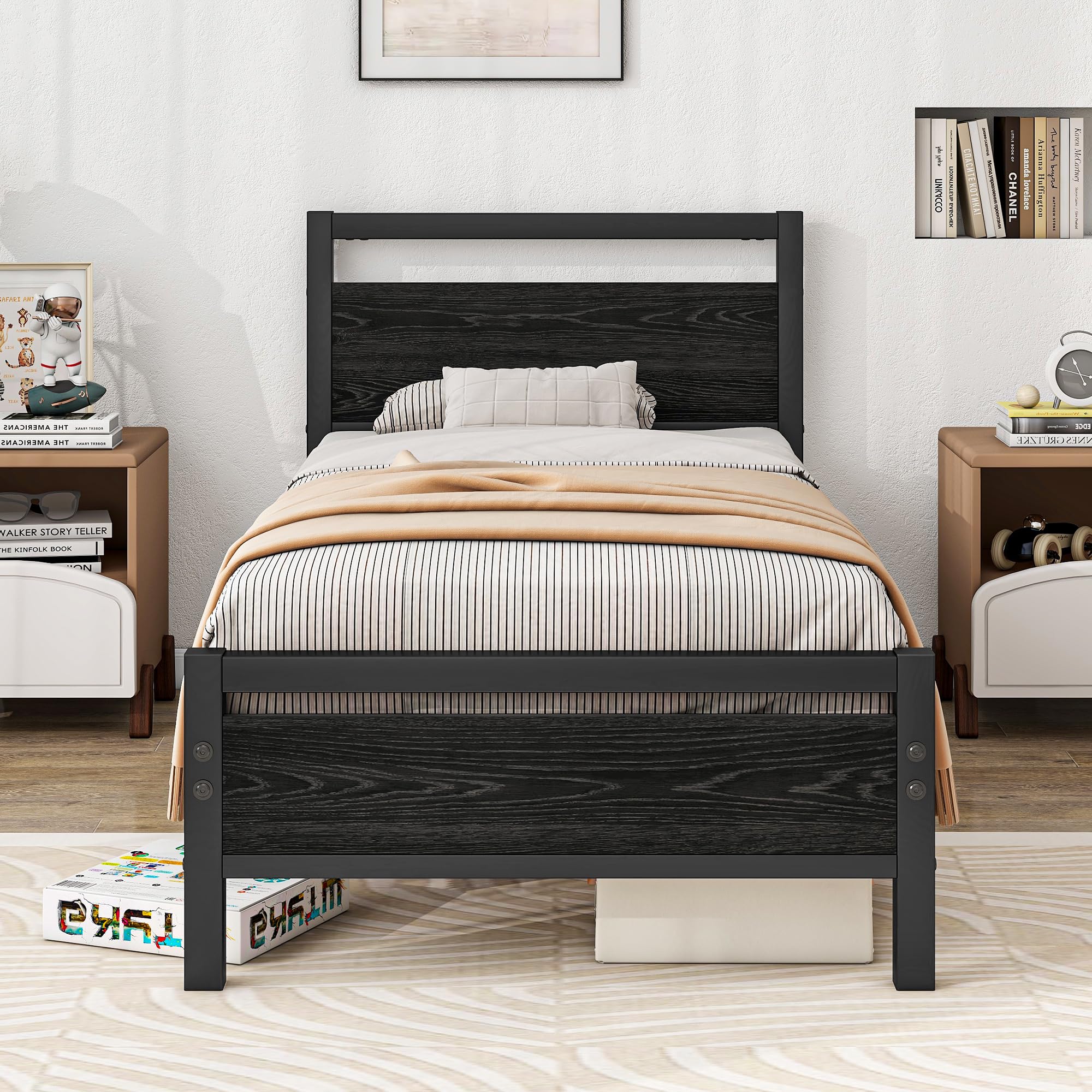 BOFENG 3ft Single Metal Platform Bed Frame with Wood Headboard