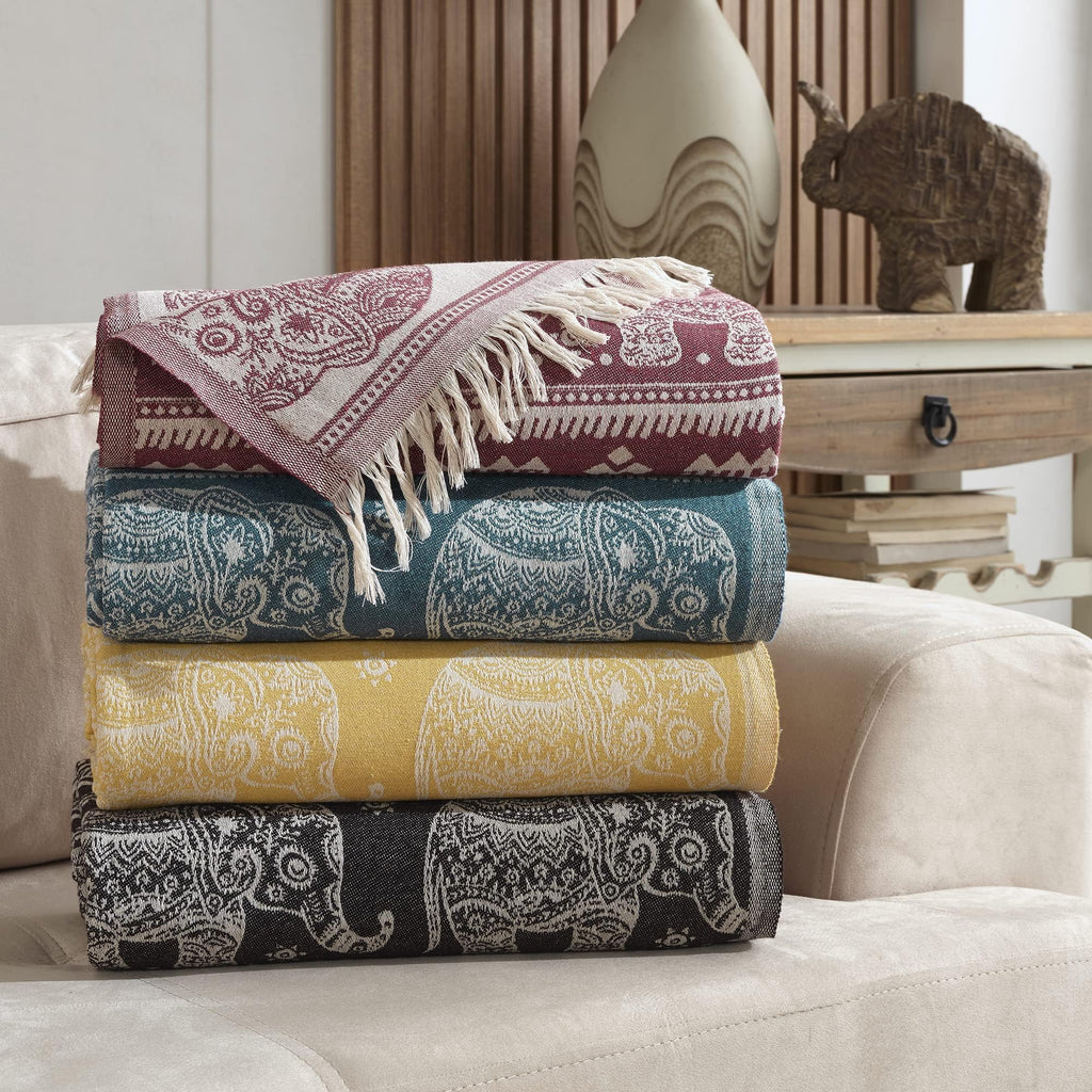Milam London Elephant Boho Throw - 100% Organic Cotton King Bedspread