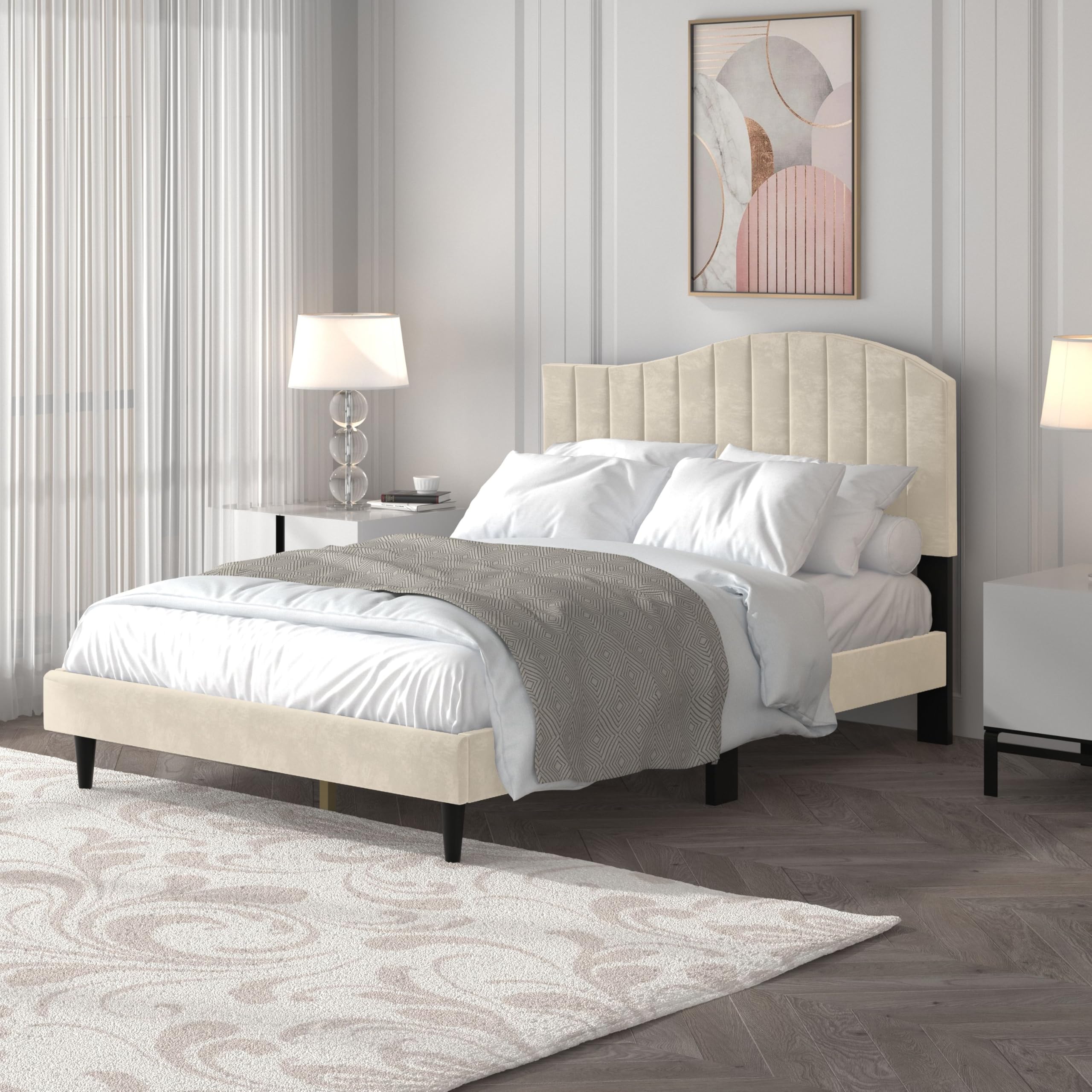 Galano Azalea Double Bed Frame – Beige Upholstered Platform Bed