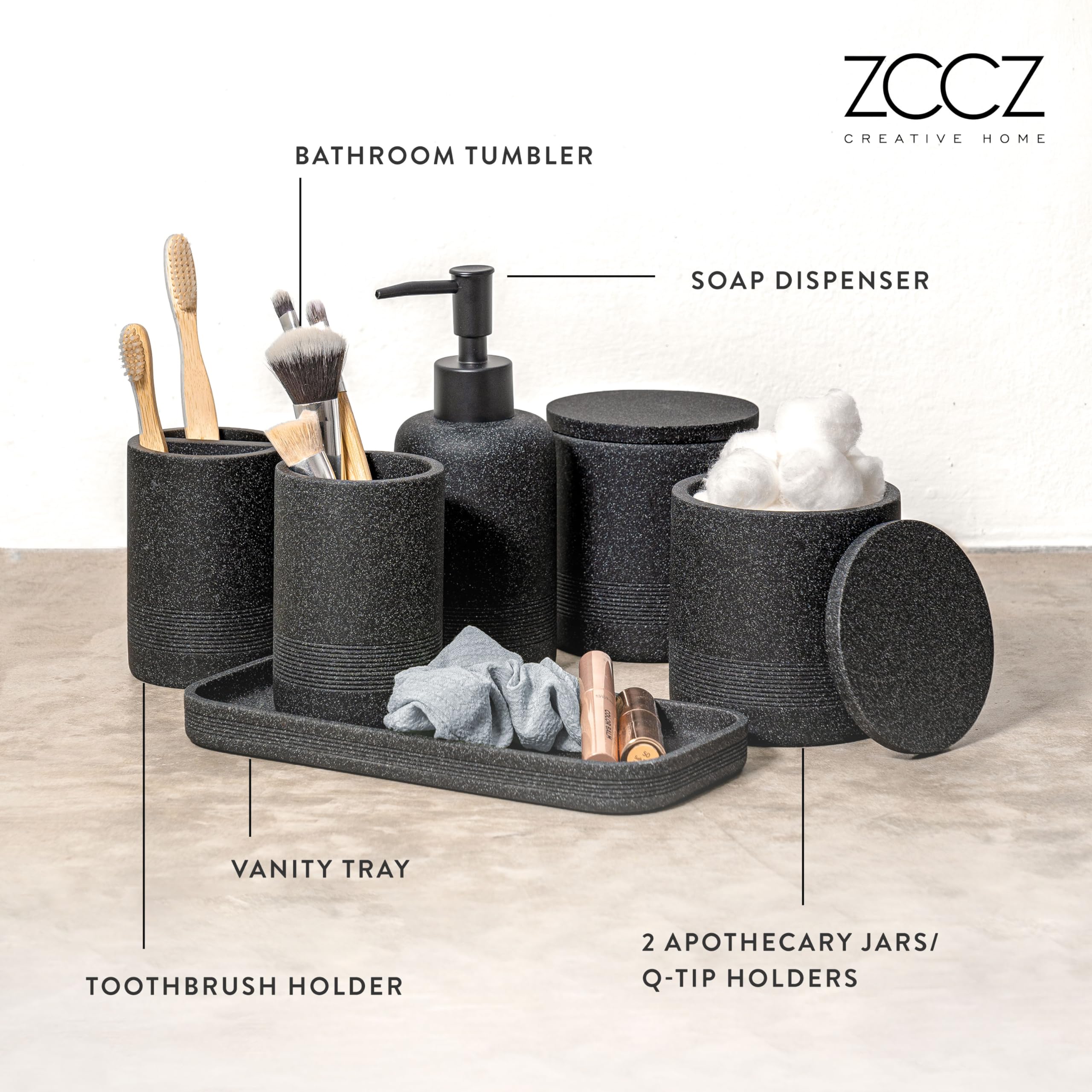 zccz 6-Piece Black Bathroom Accessory Set – Modern Stone Textured Resin