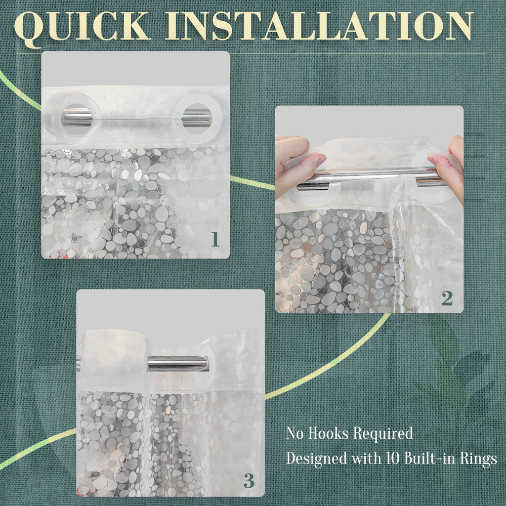 ABLUEN No Hook Shower Curtain or Liner - 8G Heavy Duty Cobblestone Bathroom Shower Curtain No Hooks Required, Waterproof Plastic & PVC Free - image 2