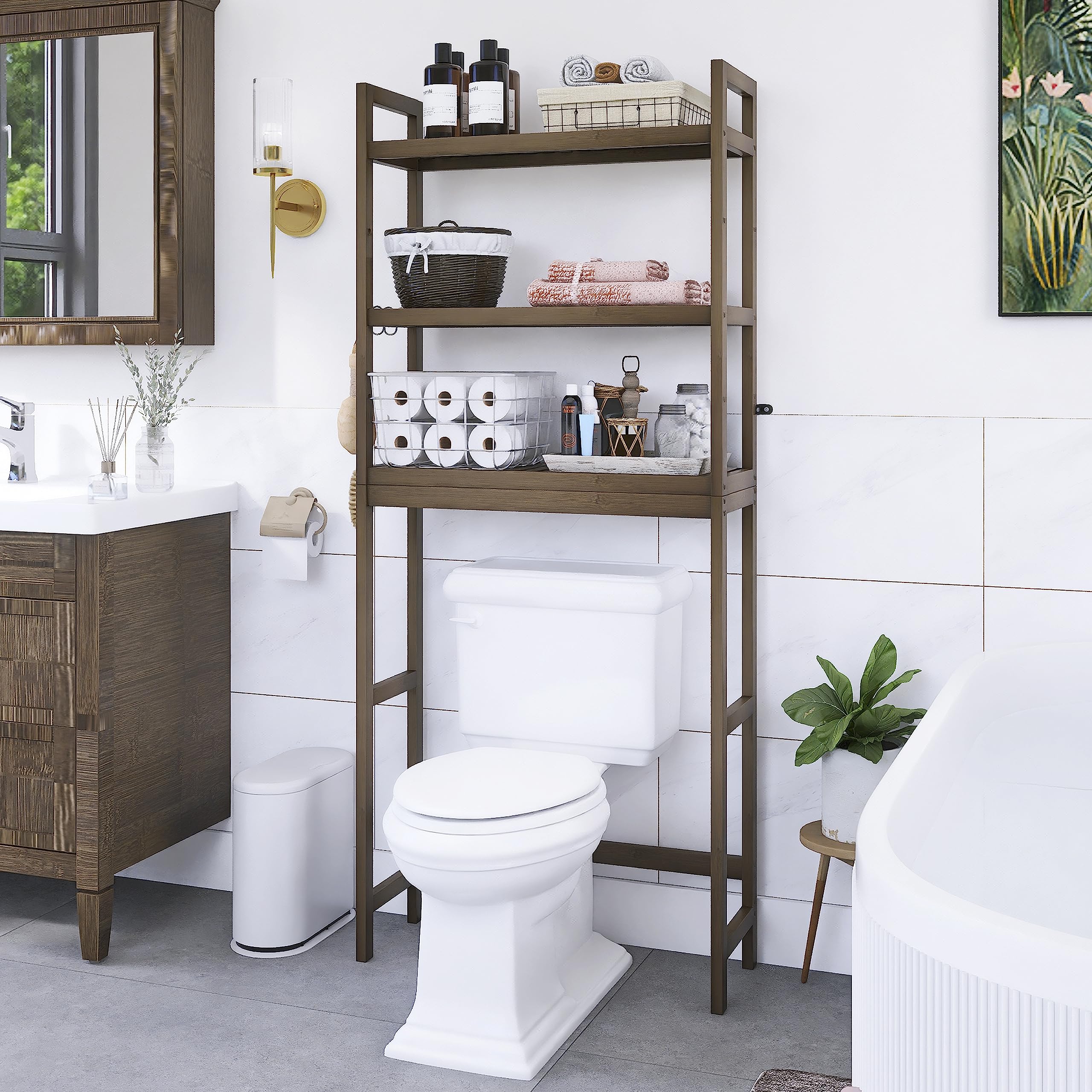 SMIBUY Bamboo Over-The-Toilet Storage Rack | 3-Tier Adjustable Shelf