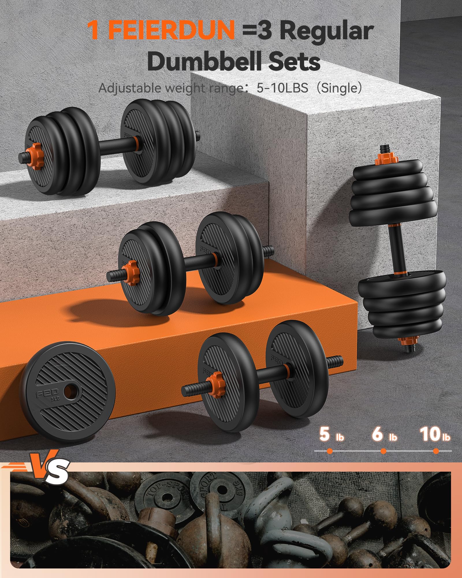 FEIERDUN 4-in-1 Adjustable Dumbbell Set | 20lbs Kettlebell & Barbell